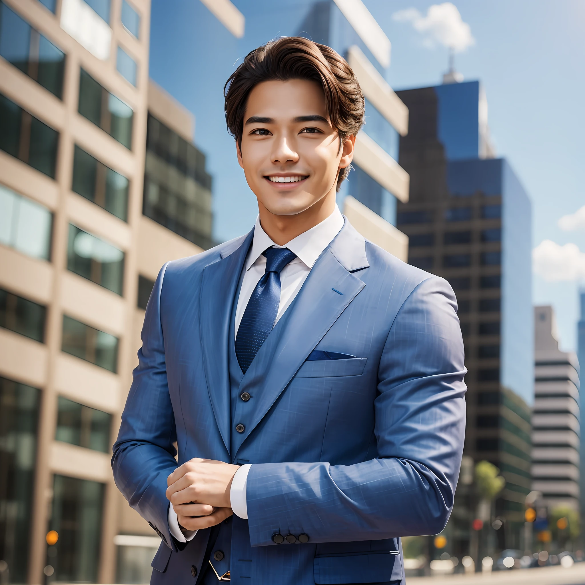 A man with Wide and bright eyes, smooth and radiant complexion, Neatly styled hair , Features: Soft and symmetrical facial features with gentle contours, City Background, Photorealism, real life looks, 8k, hyperrealistic, highly detailed, Blue Suit, Facebook office background, smile