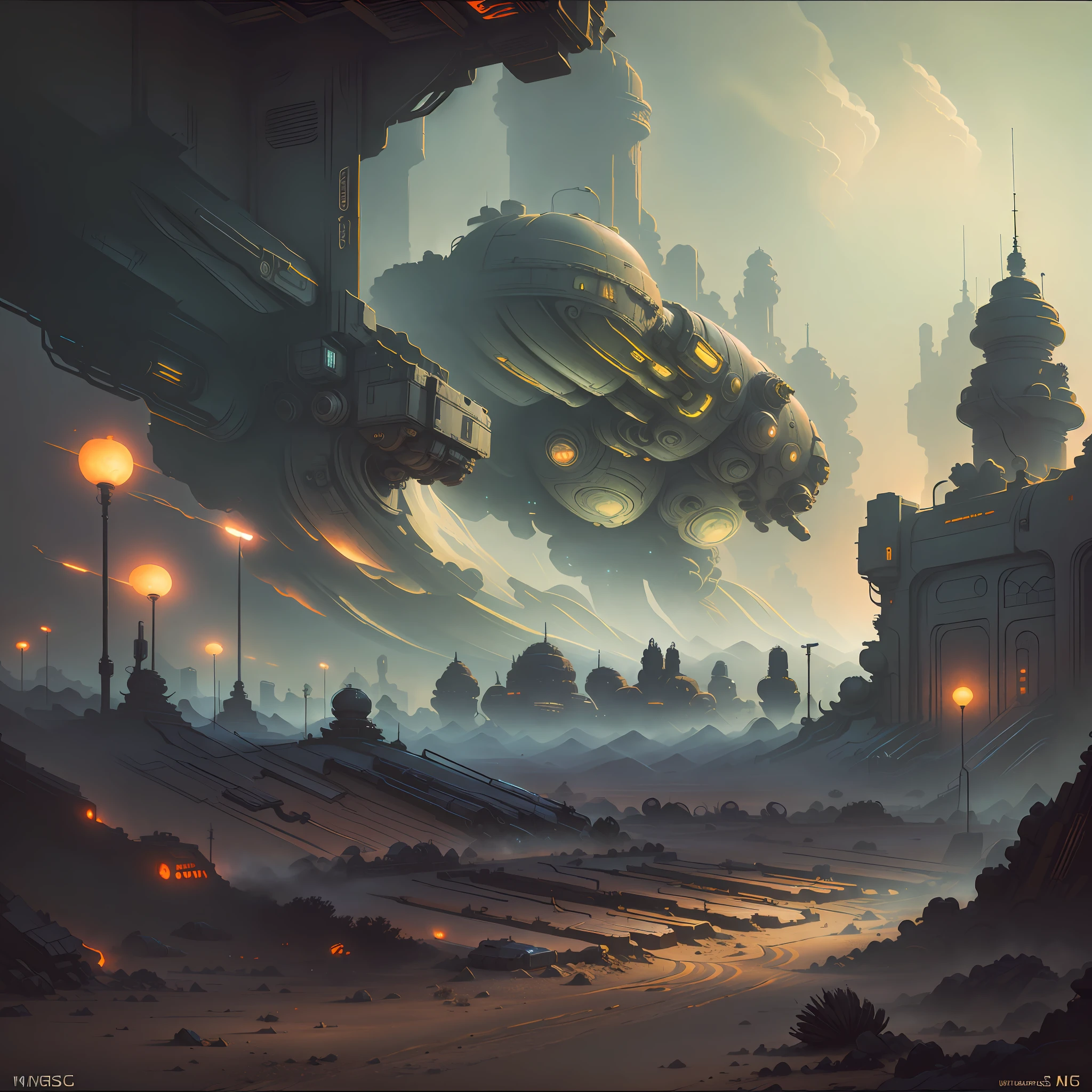 Impasto, Style fantasy futuristic ambient, old bar in the desert, smog, backgraund blur spaceship, in the darkness nigth, (best_quality:1.3), (masterpiece:1.3). (ultra_detailed:1.3) --auto --s2