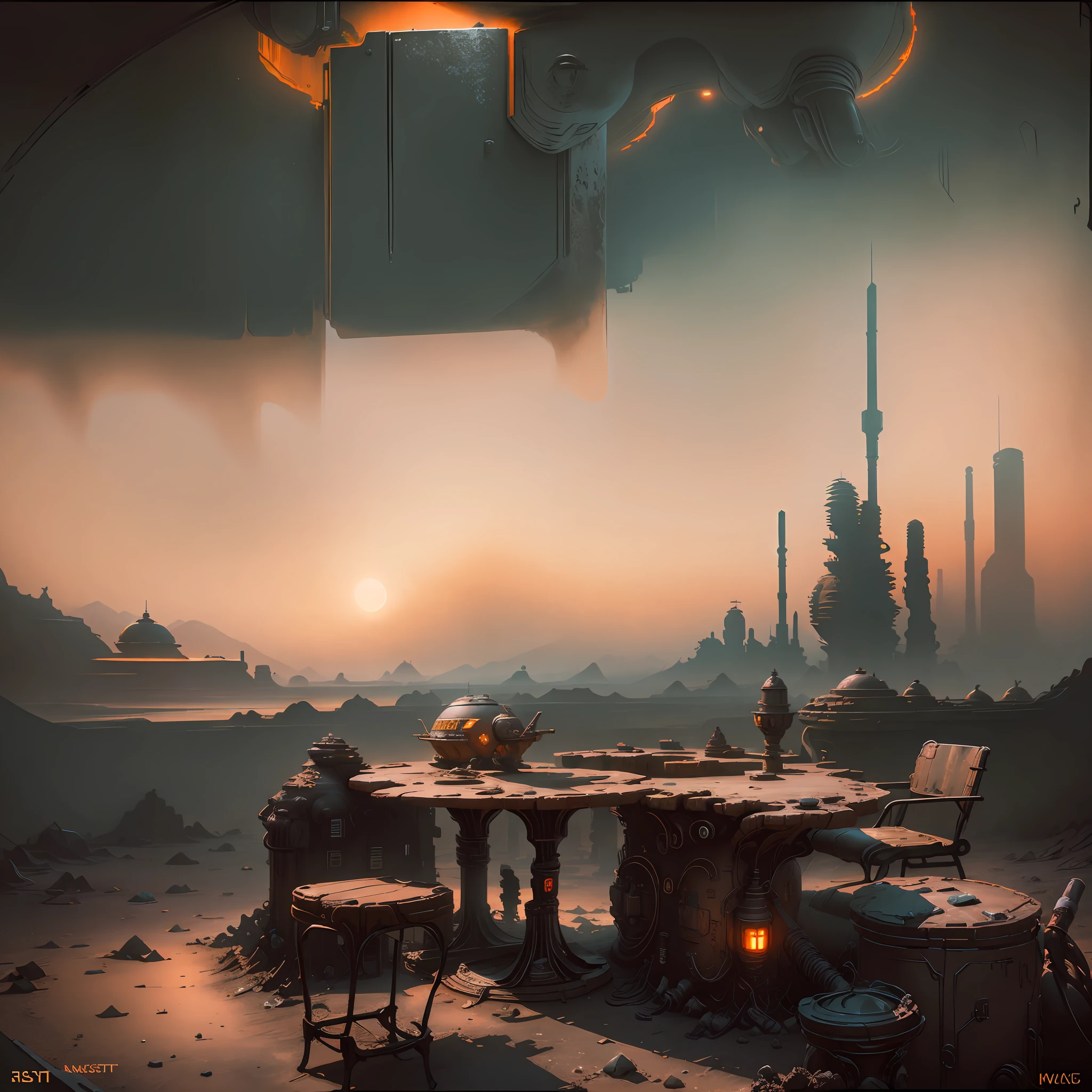 Impasto, Style fantasy futuristic ambient, old bar in the desert, smog, backgraund blur spaceship, in the darkness nigth, (best_quality:1.3), (masterpiece:1.3). (ultra_detailed:1.3) --auto --s2