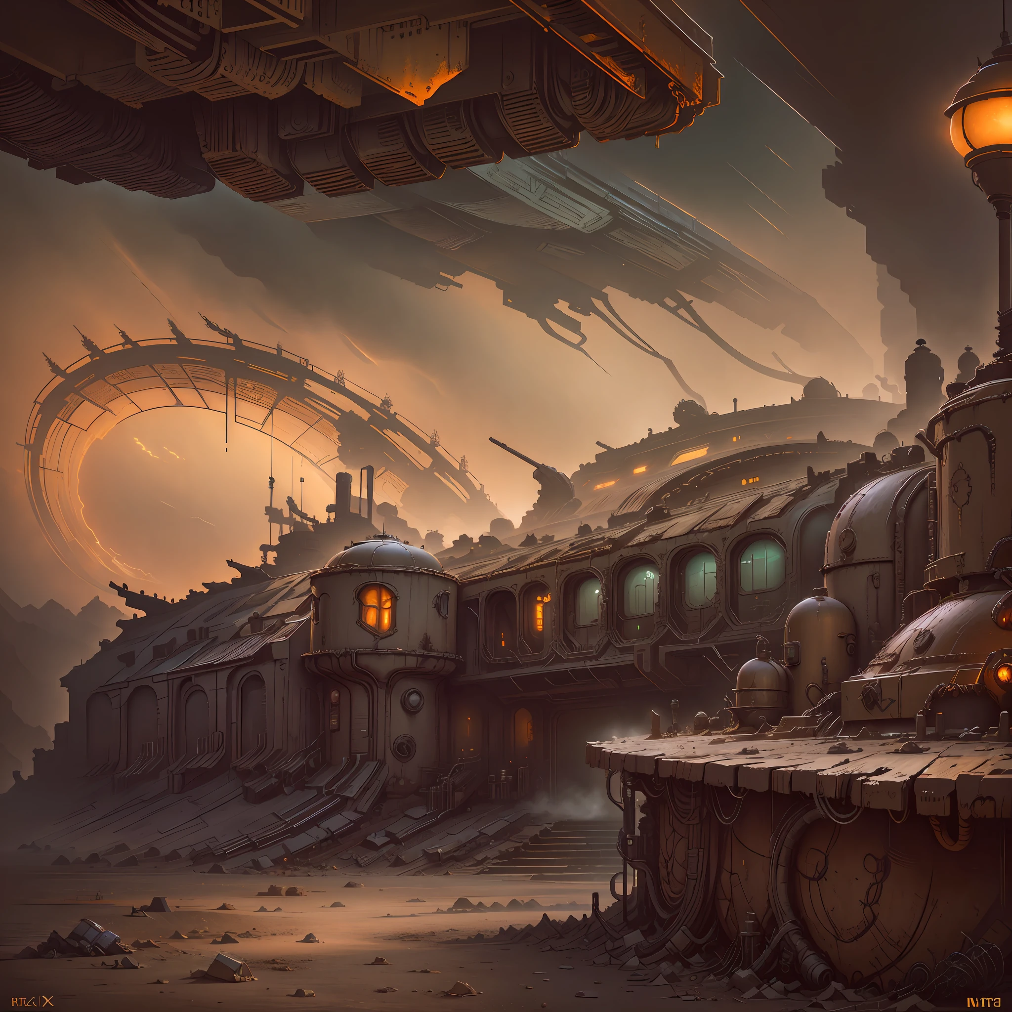 Impasto, Style fantasy futuristic ambient, old bar in the desert, smog, backgraund blur spaceship, in the darkness nigth, (best_quality:1.3), (masterpiece:1.3). (ultra_detailed:1.3) --auto --s2