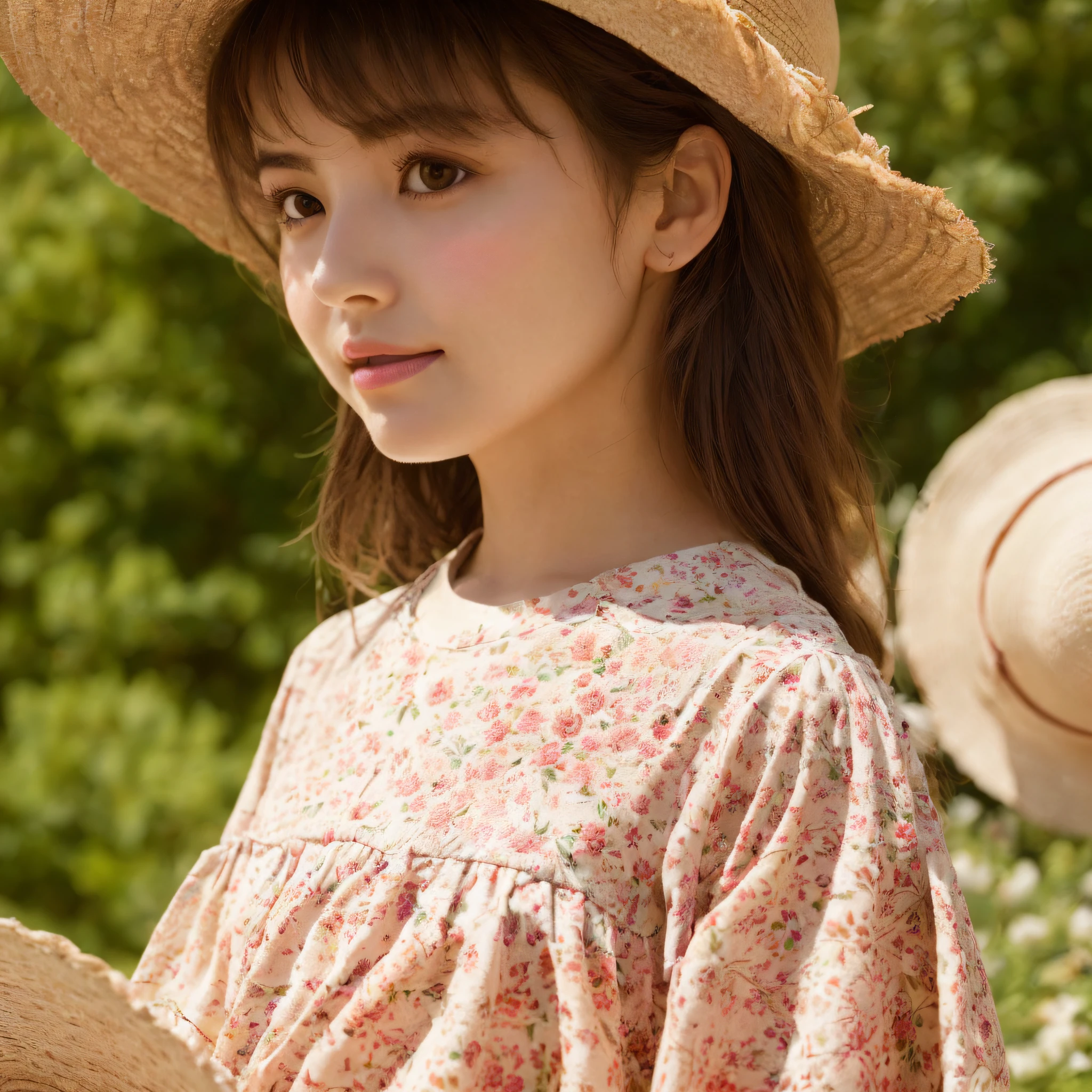 (Close-up: 1.5), (Facial Focus: 2), (???? ??? Style: 1.5), ((Sides: 2)), (1 Girl Surrounded by soft_light:1.5),(Backlight: 1.8),(Lighting),(Flow Fabric: 1.3),(Floral_summer_dress:1.5),(Straw_hat:1.3)), (Masterpiece), Realistic, HDR, Highly Detailed, 8k, Original Photo, Ambient Light Occlusion, Natural, Harmonious Composition, Warm Colors, Fine Art Photography,