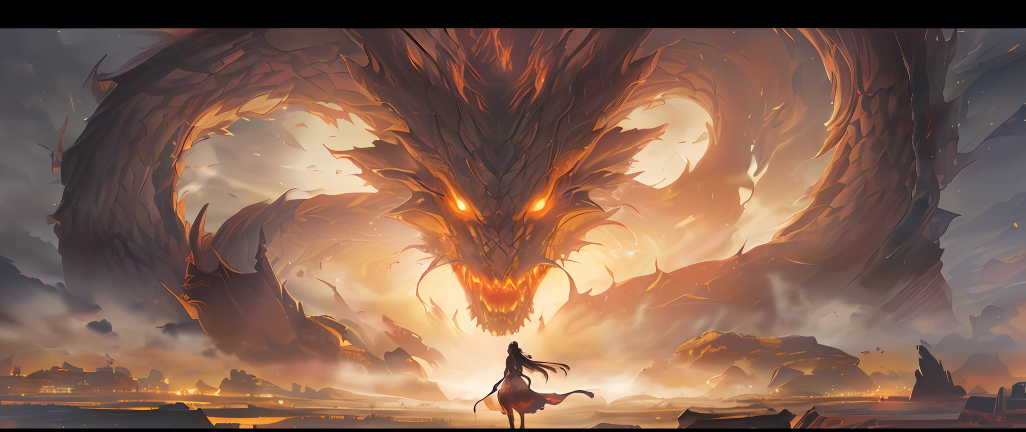anime scene of a woman standing in front of a giant dragon, by Yang J, anime epic artwork, anime fantasy artwork, anime art wallpaper 8 k, anime art wallpaper 4 k, anime art wallpaper 4k, anime fantasy illustration, epic fantasy digital art style, 4k anime wallpaper, epic fantasy art style, dragon girl, epic fantasy art style hd
