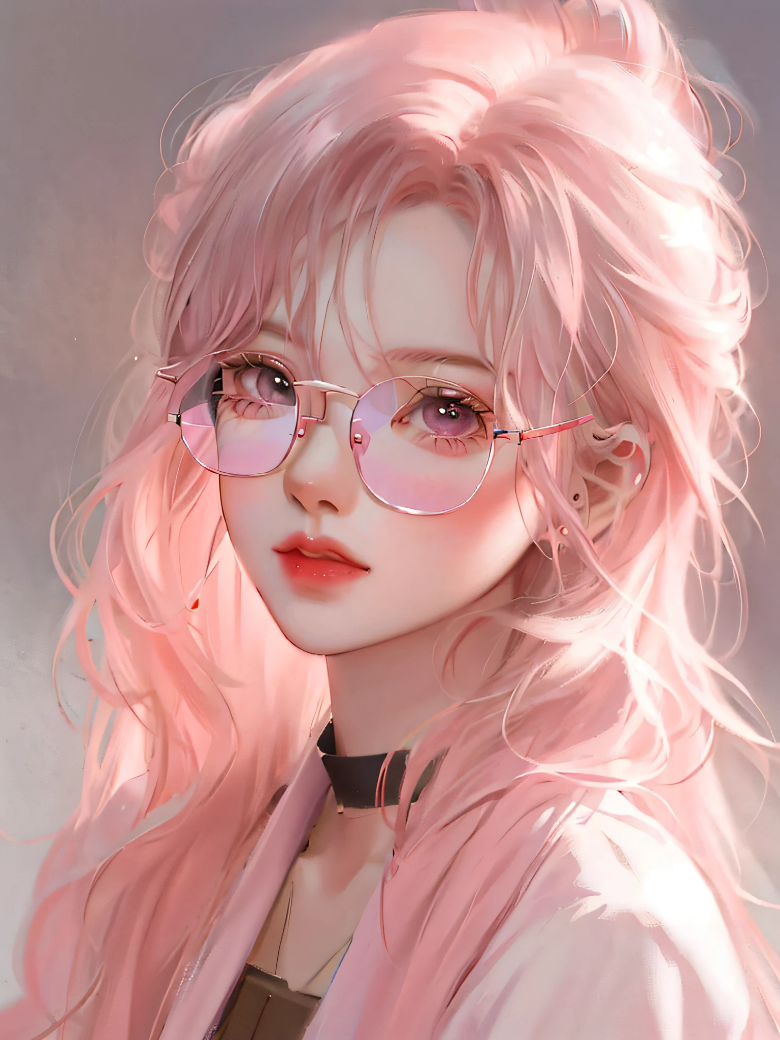Anime girl posing for photo with pink hair and glasses, Guvez style artwork, Guvez, kawaii realistic portrait, beautiful anime portrait, cute anime girl portrait, inspired by Naruhiko-kun, pink girl, cute anime girl portrait, portrait anime girl, glowing pink face, cute portrait, cute digital art, stunning anime face portrait, cute art style, 4k, 8k, ultra clear