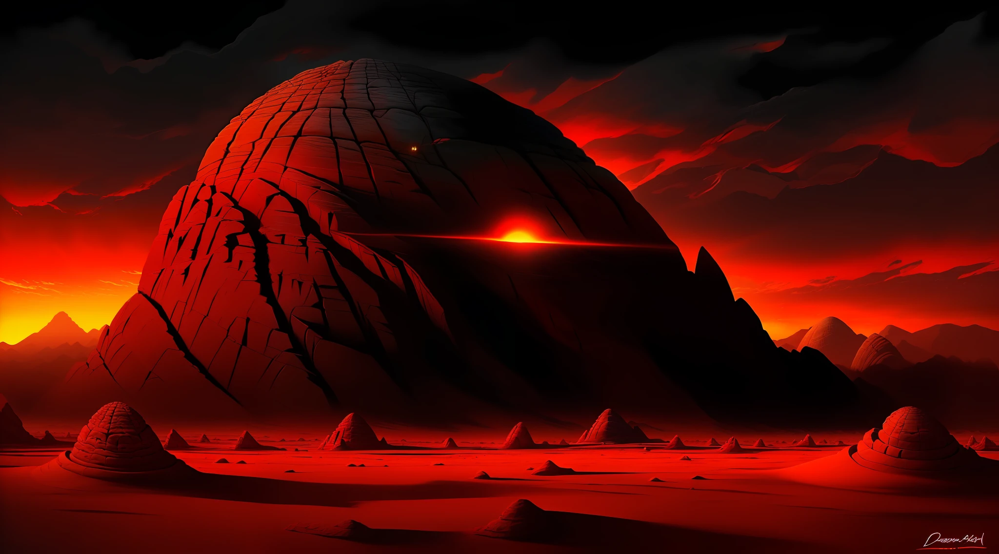 pedra arken(masterpiece), surreal style, ultra-realistic, detailed, (pedra arken:1.3), floating, high contrast, dramatic lighting, red sky, desert landscape, mysterious vibe, (reptilian humanoid:1.2), glowing eyes.
