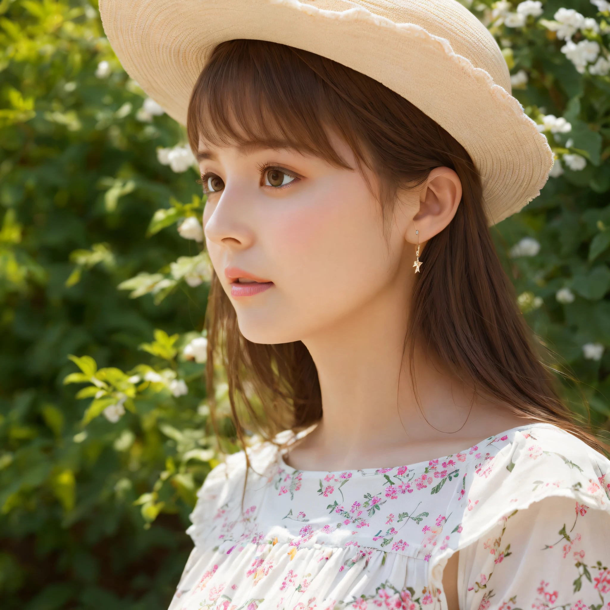 (Close-up: 1.05), (Facial Focus: 1.02), (???? ??? Style: 1.05), (1 girl surrounded by soft_light:1.05),(backlight: 1.08),(lighting),(flowing fabric: 1.03),(Floral_summer_dress:1.05),(Straw_hat:1.1)), (masterpiece), realistic, HDR, highly detailed, 8k, original photo, ambient occlusion, natural, harmonious composition, warm colors, fine art photography,