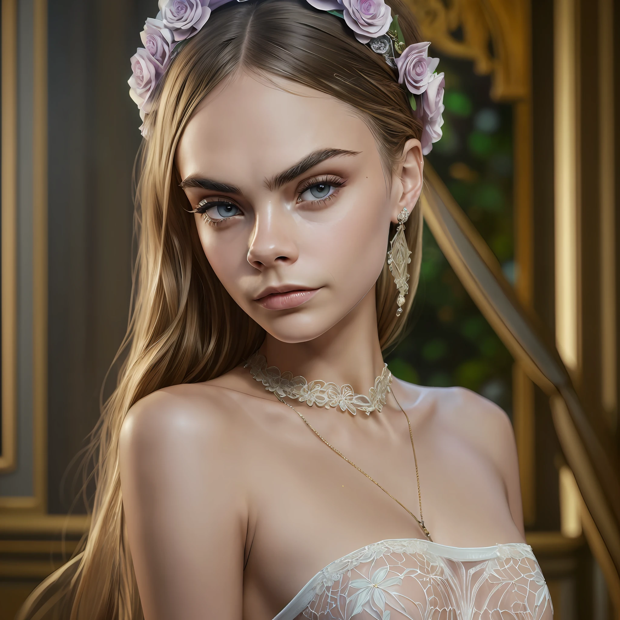 Cara Delevingne. The tight negligee of the tall slender woman can barely cover her perfect body and round breasts. With a dreamy look, she looks into the camera, (Masterpiece:1.2) (Photorealistic:1.2) (Bokeh) (best quality) (intricate details) (8K) (High Poly) (Raytracing) (Cinema lighting) (Sharp focus) (detailed face) (detailed pupils) --auto --s2
