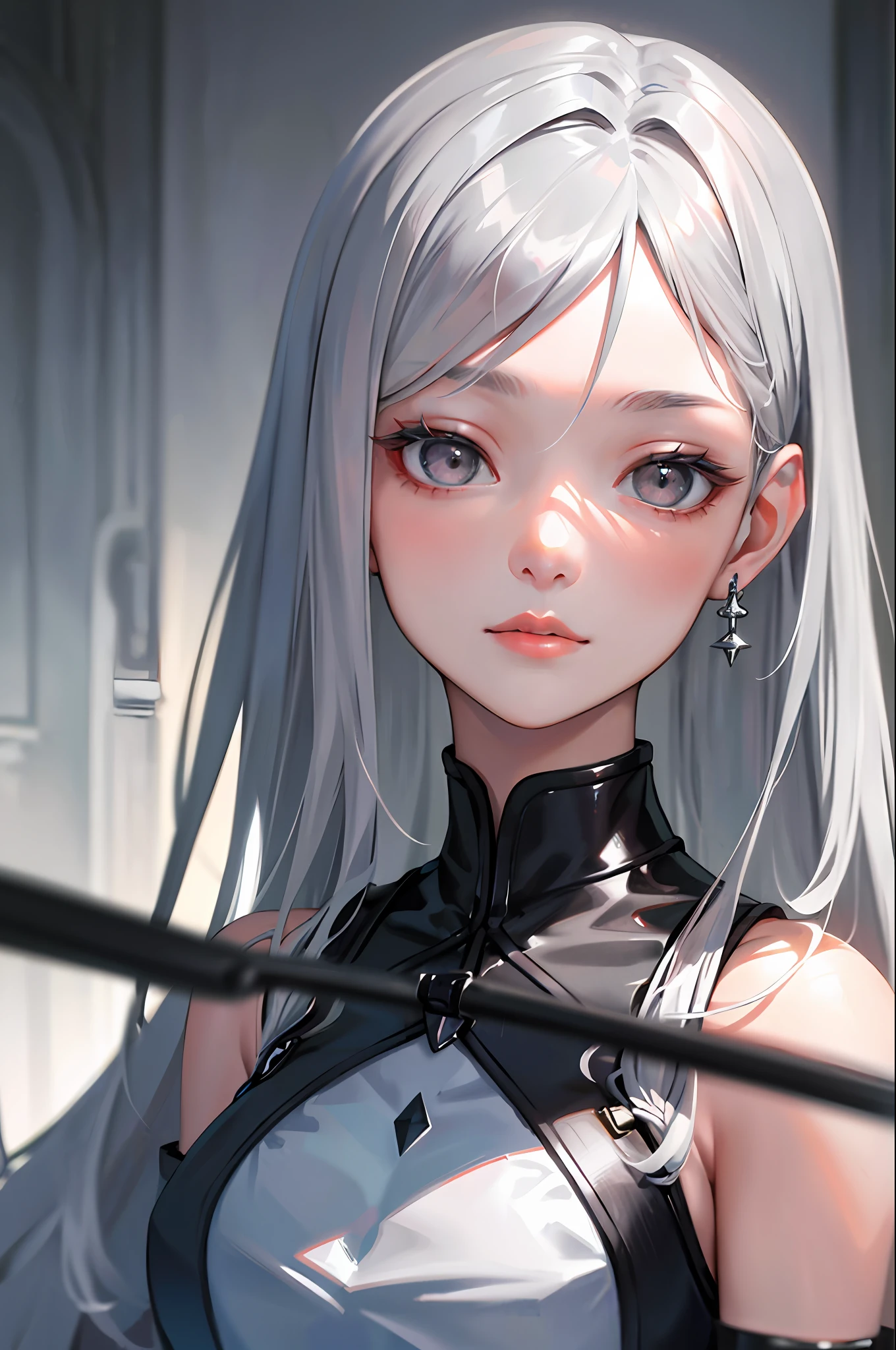 (masterpiece, side illumination, finely detailed beautiful gray eyes: 1.2), masterpiece*portrait, realism, 3d face, shiny skin, long white hair, bangs