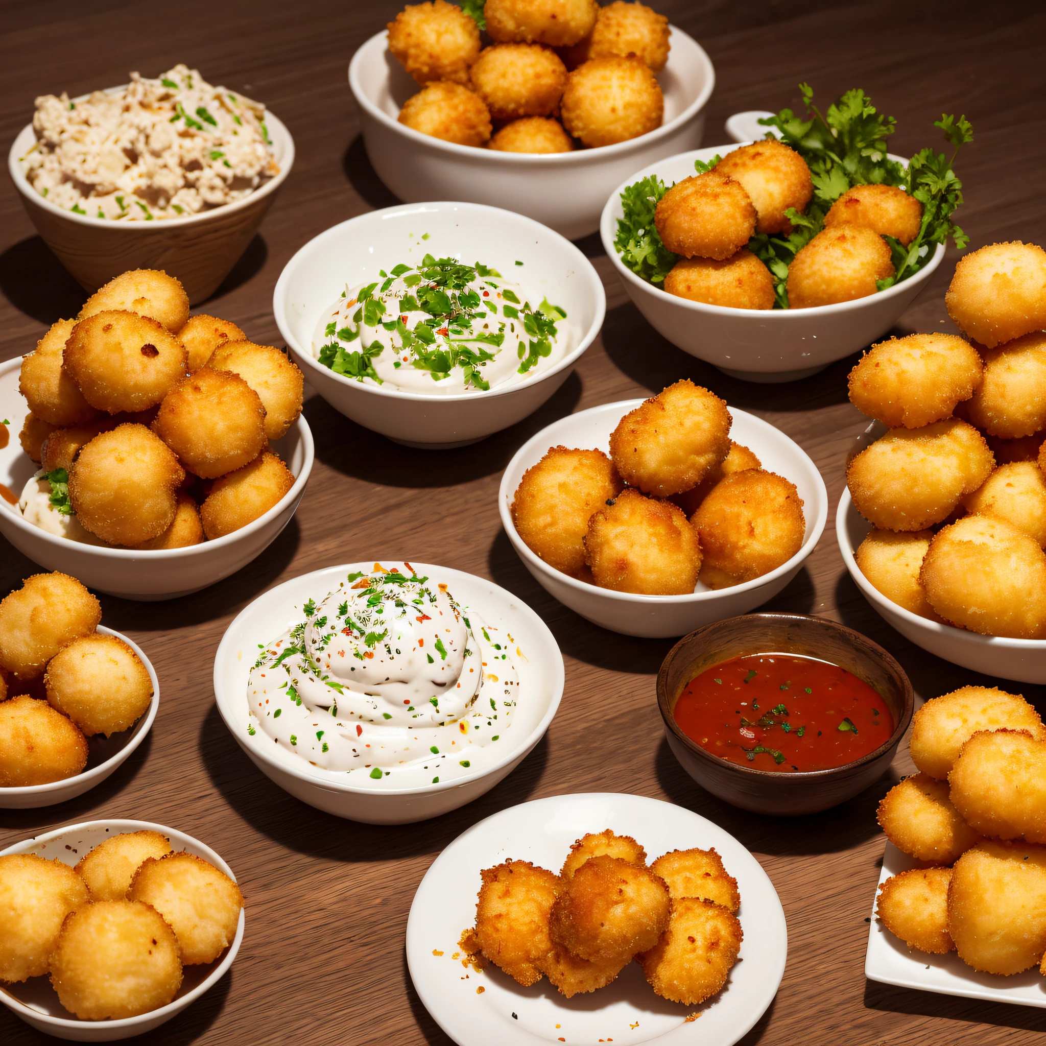 there are a plate of food that includes a small bowl of dip, a digital rendering inspired by Géza Dósa, shutterstock, renaissance, crisp and sharp, buxom, snacks, traditional corsican, dumplings on a plate, award - winning crisp details, poggers, alabama, deep fried, jajaboonords flipjimtots