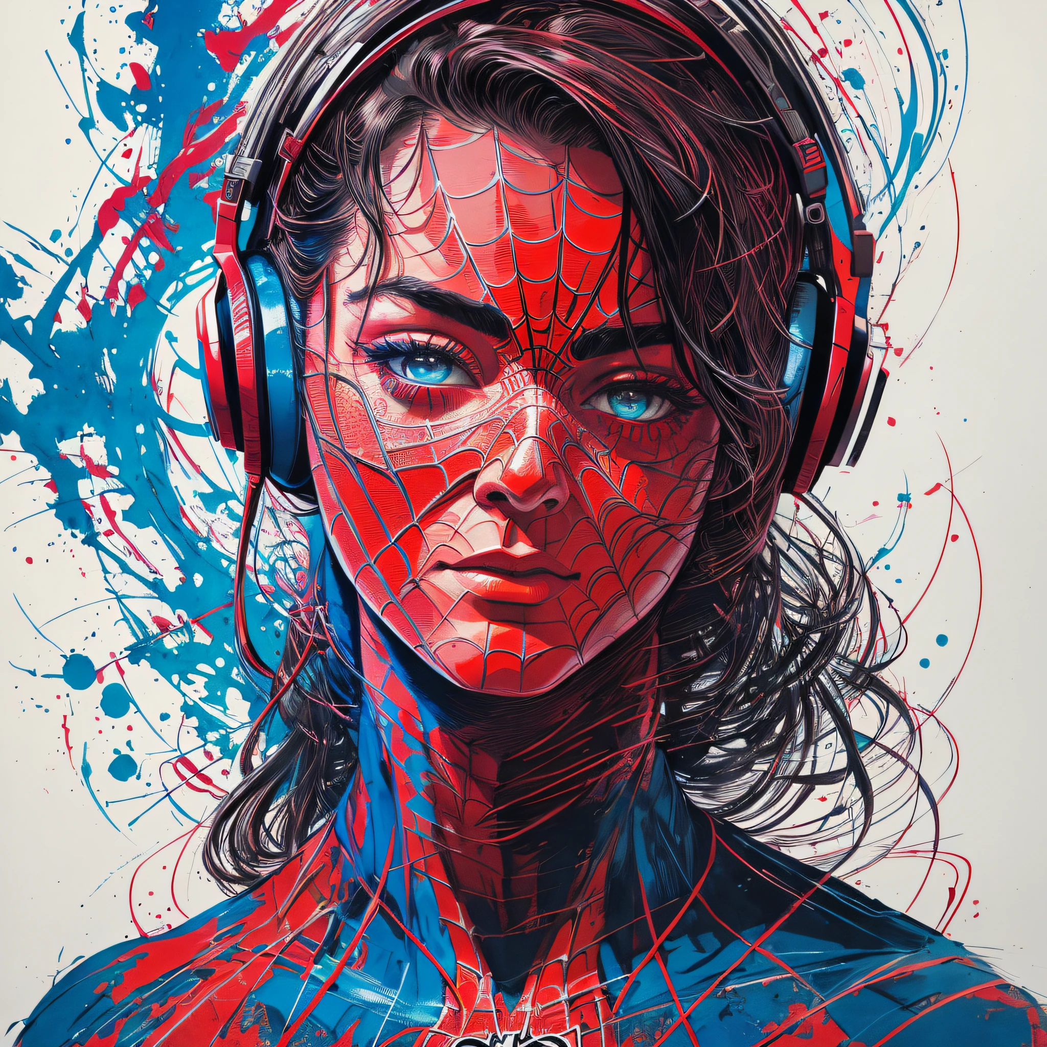 SPIDER-MAN DJ, centered, headphones, key visual, intricate, highly detailed, breathtaking beauty, precise lineart, vibrant, comprehensive cinematic, Carne Griffiths, Conrad Roset, (the most beautiful portrait in the world:1.5) --auto --s2