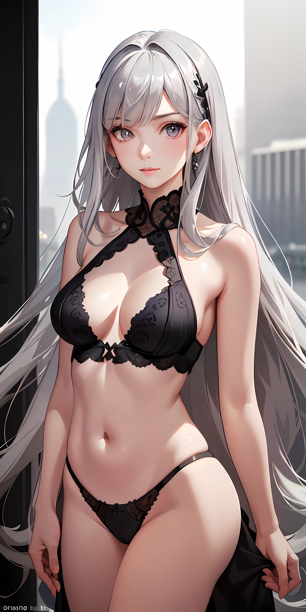 (photorealistic: 1.4), (masterpiece, side lighting, beautifully detailed beautiful gray eyes: 1.2), masterpiece*portrait, realistic, 3D face, glowing gray eyes, shiny white hair, bangs, shiny skin, solo, embarrassed, (belly), black underwear, long hair