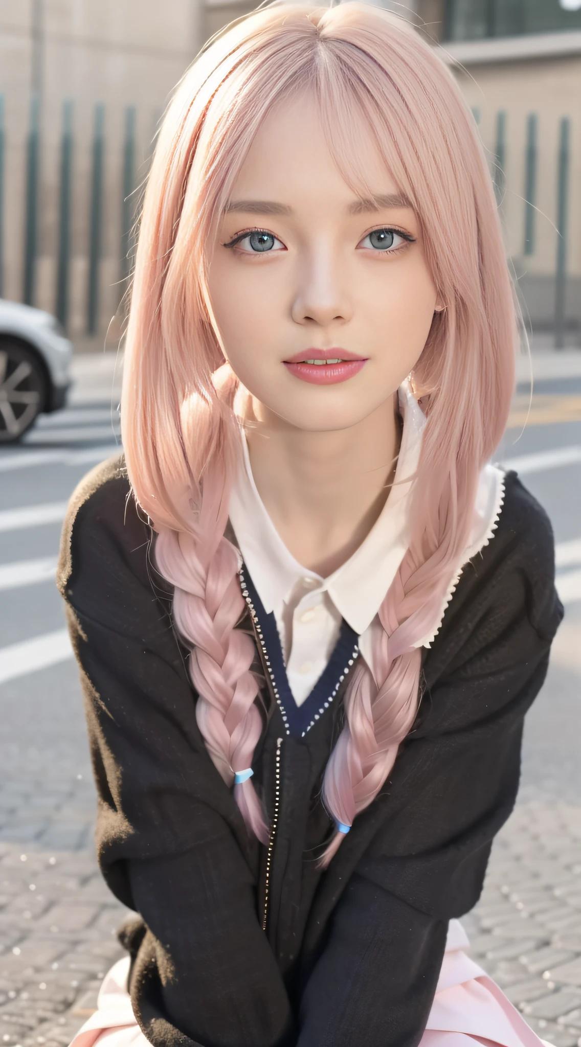 (8k resolution), (RAW photo), (Realistic: 1.5), (Photo Realistic)), Vibrant Details, 1 Girl, (Cute: 1.2), Beautiful, High Quality and Detailed Face, Perfect Face, (White and Light Pink Hair: 1.4), Ruddy Cheeks, Detailed Eyes, (Blue Eyes), Colorful Eyes, (Watery Eyes), NSFW, Slim Body, Looking at the Audience, Closed Mouth, Real Human Skin, Shiny Skin, Medium Breasts, ((School Uniform)), Seated., Surreal, (Masterpiece), (High quality), (Best quality), (Masterpiece: 1.5)