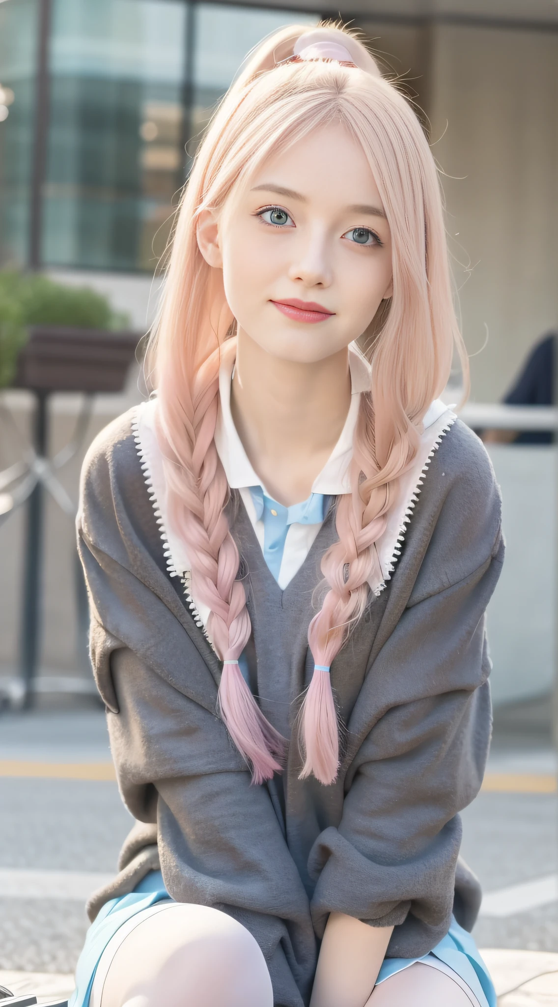 (8k resolution), (RAW photo), (Realistic: 1.5), (Photo Realistic)), Vibrant Details, 1 Girl, (Cute: 1.2), Beautiful, High Quality and Detailed Face, Perfect Face, (White and Light Pink Hair: 1.4), Ruddy Cheeks, Detailed Eyes, (Blue Eyes), Colorful Eyes, (Watery Eyes), NSFW, Slim Body, Looking at the Audience, Closed Mouth, Real Human Skin, Shiny Skin, Medium Breasts, ((School Uniform)), Seated., Surreal, (Masterpiece), (High quality), (Best quality), (Masterpiece: 1.5)