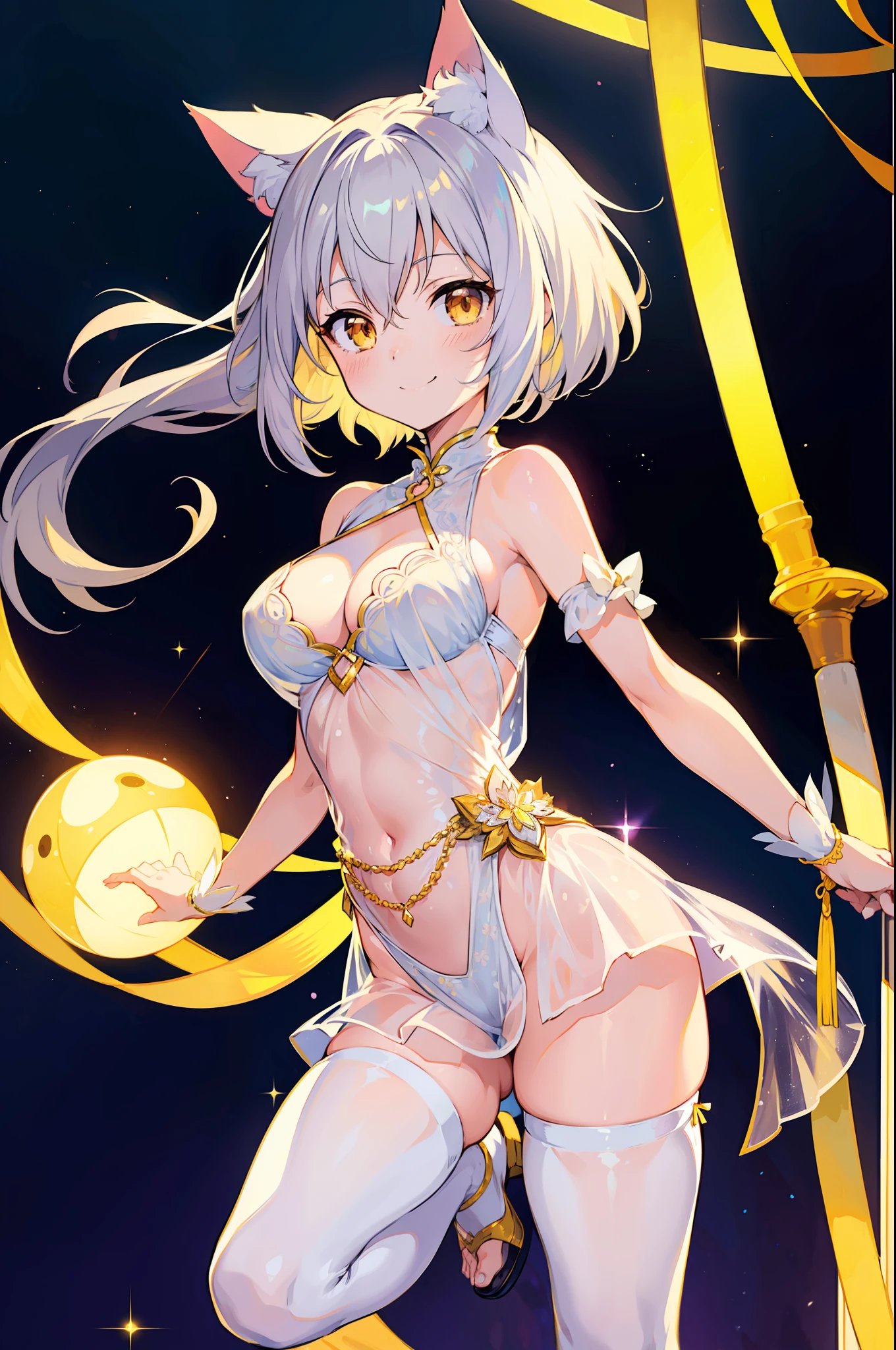 Masterpiece, top quality anime illustration, super detailed, single girl, solo, beautiful girl with silver hair, anime loli, cat ear loli, pale golden see-through dancer costume, smile, cleavage enhancement, lower breast emphasis on bare skin, thigh focus, night color