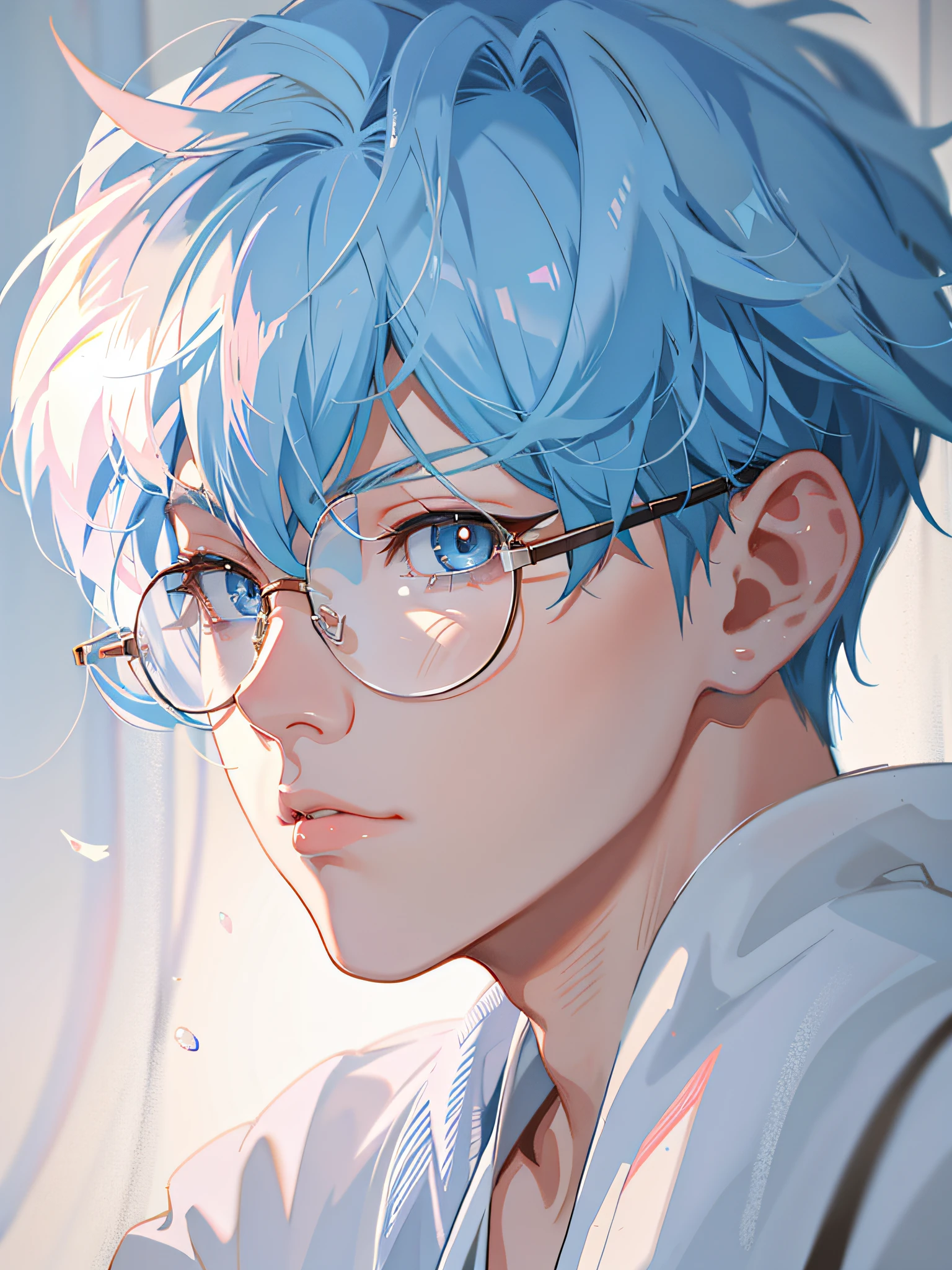 Anime boy staring at camera with blue hair and glasses, Gouviz style artwork, inspired by Cheng Yanjun, Guviz, beautiful anime portrait, Givitz on pixiv art station, stunning anime face portrait, high quality portrait, Givitz on ArtStation pixiv, digital anime illustration, Chengyan-kun, anime style portrait, 4k, 8k,