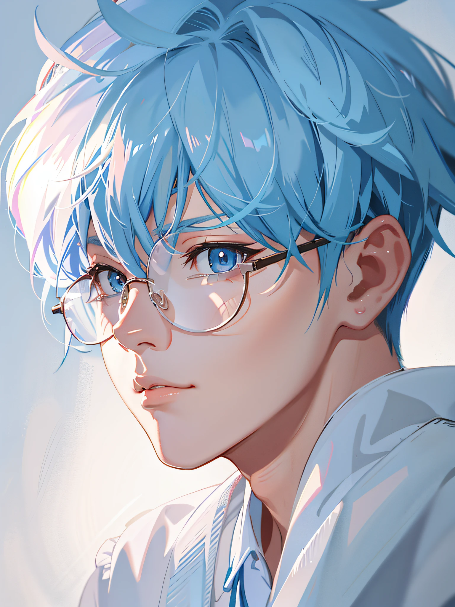Anime boy staring at camera with blue hair and glasses, Gouviz style artwork, inspired by Cheng Yanjun, Guviz, beautiful anime portrait, Givitz on pixiv art station, stunning anime face portrait, high quality portrait, Givitz on ArtStation pixiv, digital anime illustration, Chengyan-kun, anime style portrait, 4k, 8k,