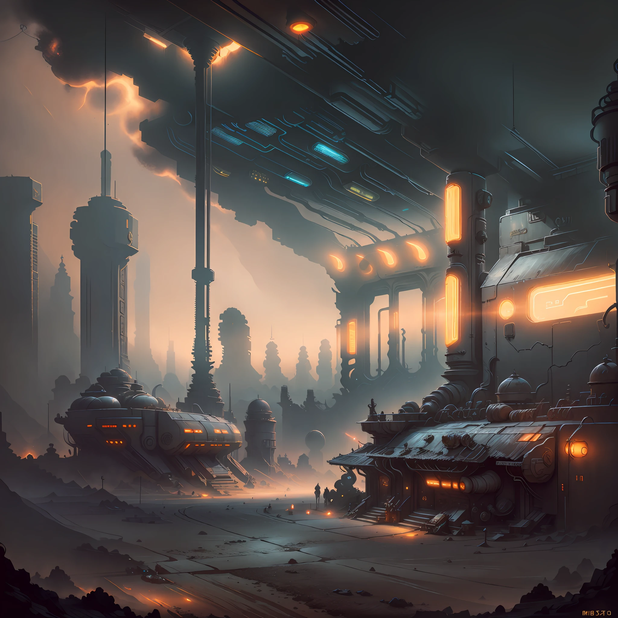 Impasto, Style fantasy futuristic ambient, old bar in the desert, smog, backgraund blur spaceship, in the darkness nigth, (best_quality:1.3), (masterpiece:1.3). (ultra_detailed:1.3) --auto --s2