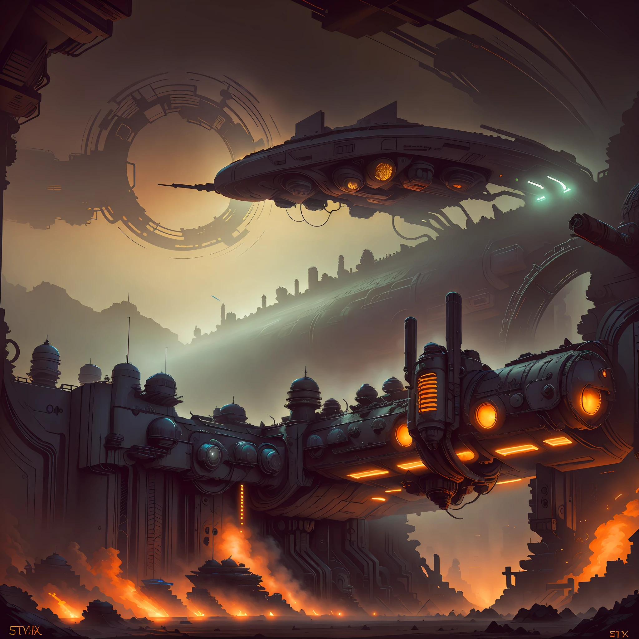 Impasto, Style fantasy futuristic ambient, old bar in the desert, smog, backgraund blur spaceship, in the darkness nigth, (best_quality:1.3), (masterpiece:1.3). (ultra_detailed:1.3) --auto --s2