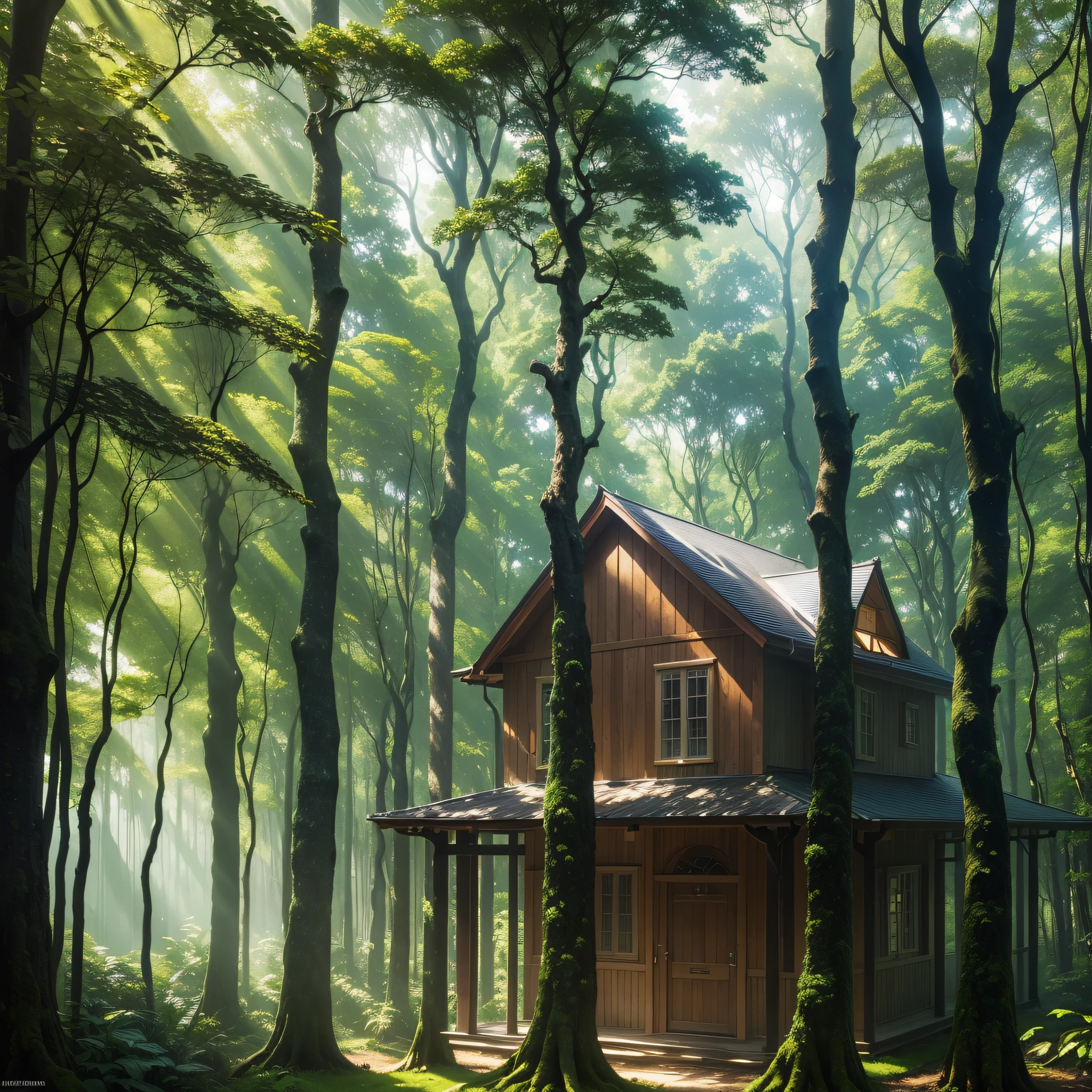 A simple, humble house in a forest whose trees seemed to touch the skies with their sinuous branches and lush foliage. The filtered light between the canopies created a play of shadows and colors, giving the forest an ethereal and mysterious, almost spiritual aspect --auto --s2
