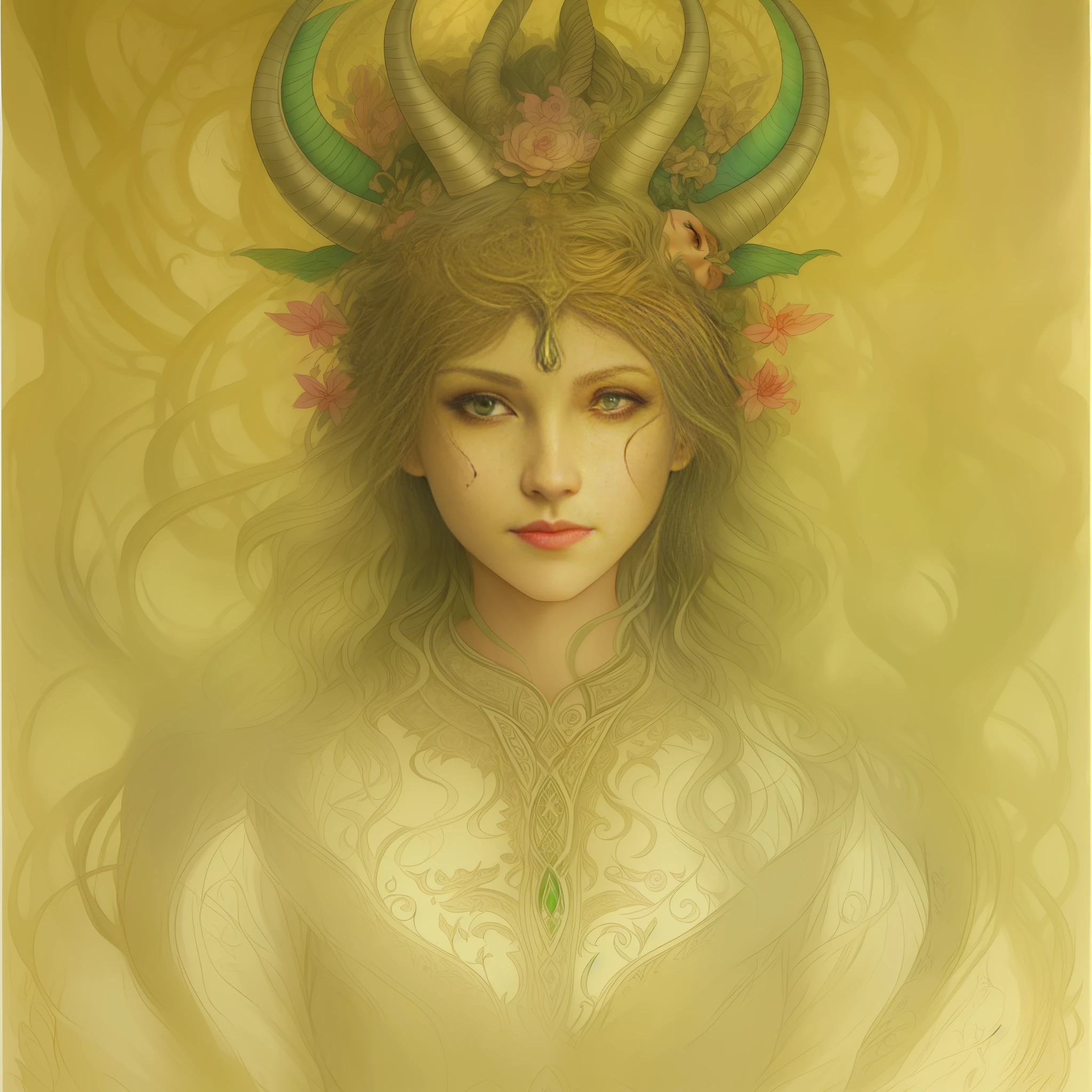 Painting of woman with horns and green dress, portrait of Dryad, Dryad, goddess of the earth mythology, Artgerm and Brian Fraud, fairy priestess, Fae Queen of the Summer Forest, Anna Dittman, Lilith in Art Nouveau, beautiful female Gorgon, Annie Stegg Gerald, portrait of a goddess, Celtic fantasy art, Amanda Sage Epic fantasy character art, a digital rendering, fantasy art epic fantasy character art, fantasy art  PastelPencil colored Pencil drawing Watercolor painting  byArthur Rackham  byJean Delville byAnders Zorn Drawings  byRedon Illustration, concept art, character concept,