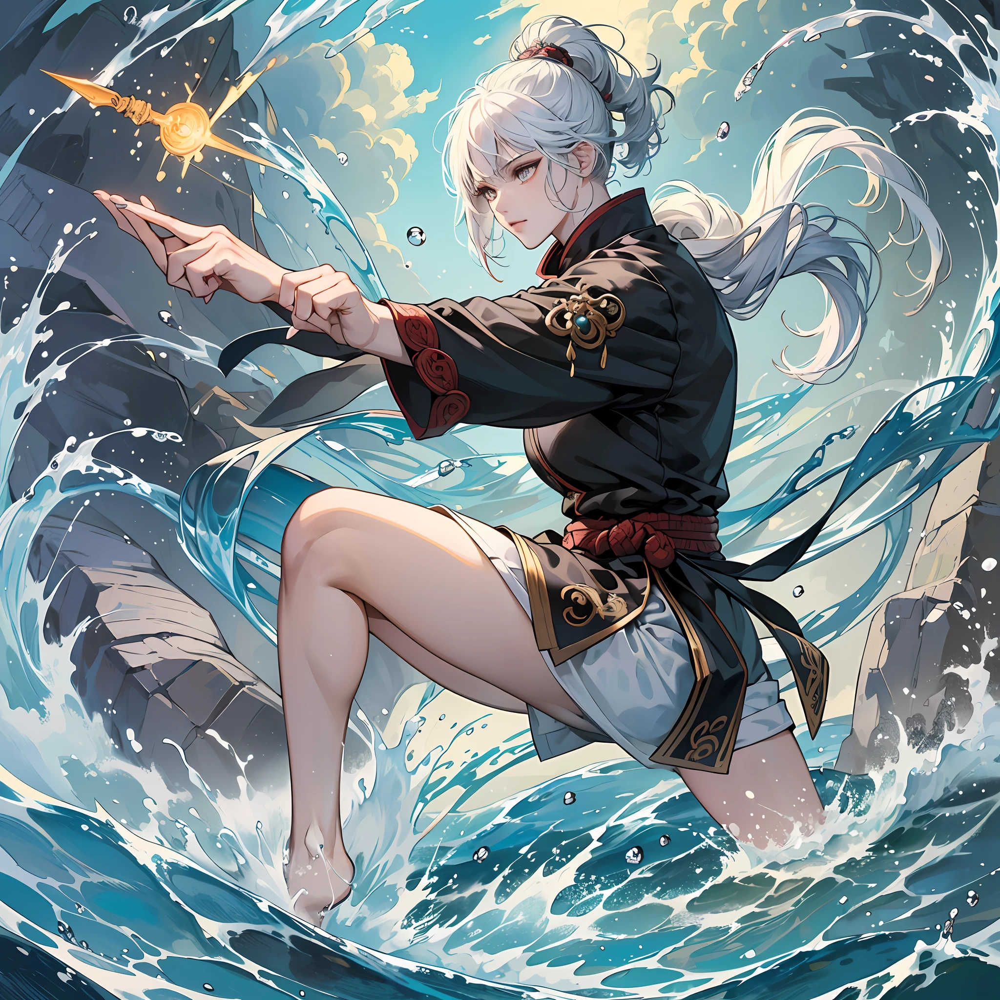 (kaisen jujutsu style) (masterpiece:1.3), (finely detailed),(solo:1.2), (alone:1.2), (detailed illustration),intricate, action film, (1womam:1.6), 30-year-old woman, thin Chinese face, short white hair (dragon-shaped spear), happy, kungfu, wushu, (fist:1.2), martial arts, martial pose, training, medieval robes, fierce, (muscular legs:1.3), firmly on the ground, crouching, split legs, full feet on the ground, (casting magic spell of water:1.3), (curvature of water: 1.6), natural set wide, fantastical, (magic of water), straight back, (holding water), splashes of water, currents --auto --s2
