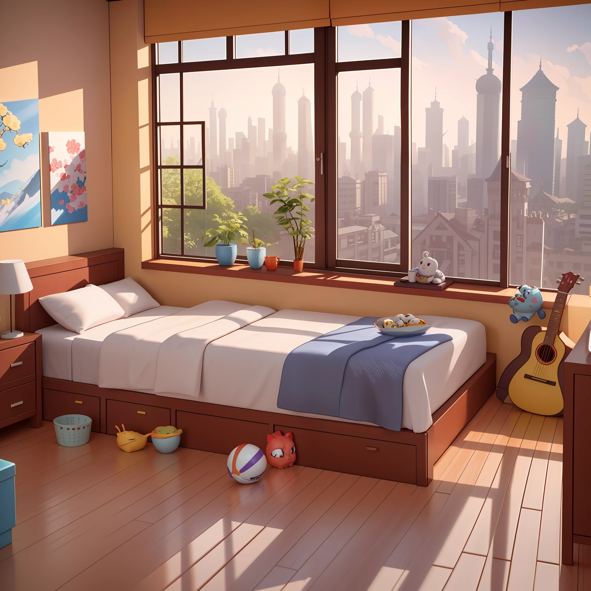 Pixar style:1.1), Warm, Indoor, Kids, 3d artwork, Scenery from the window (Shikumen, Shanghai), Blender, OC Renderer, Dribbling High Detail 8k, Studio lighting --v 6