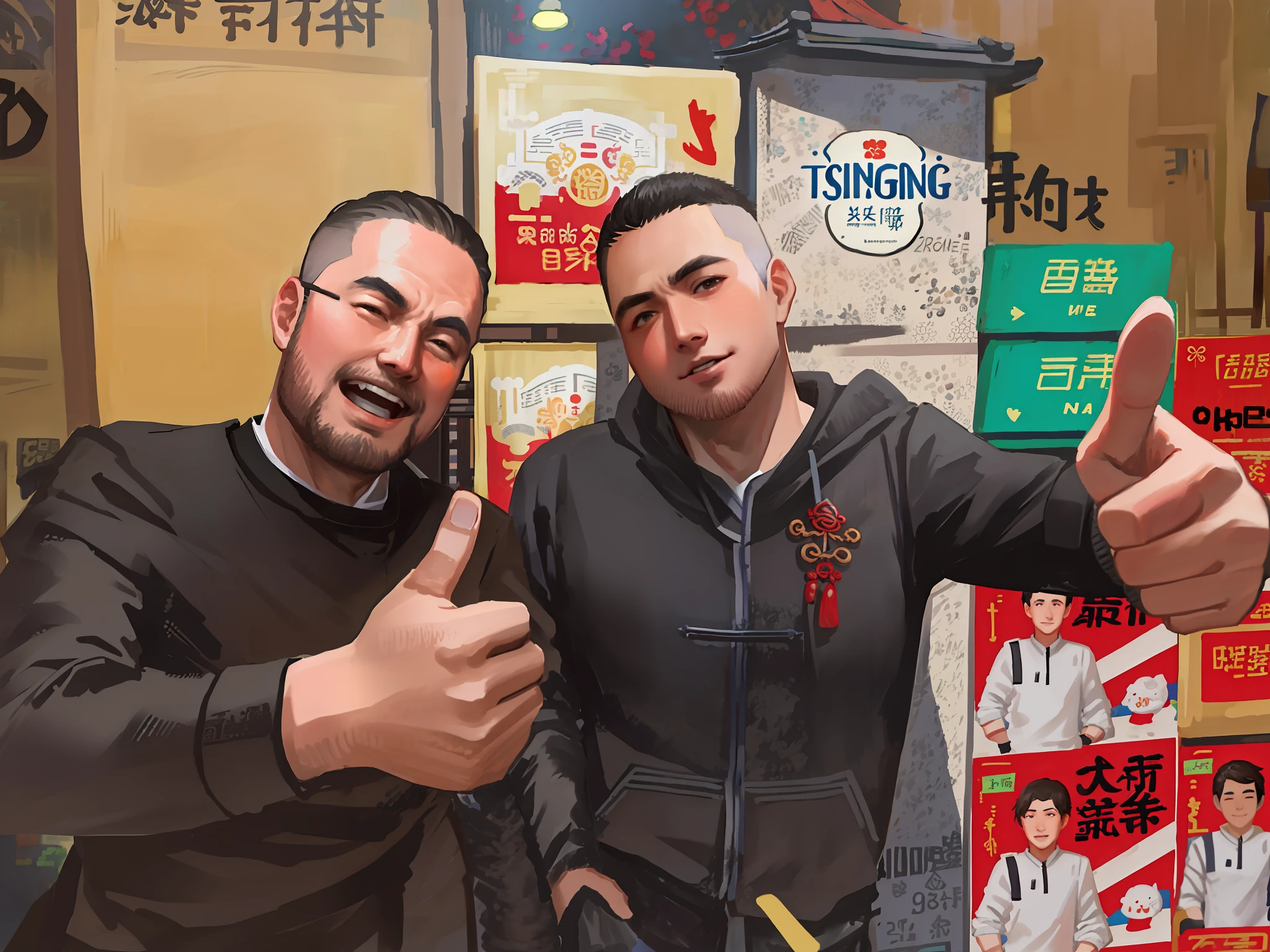 they are two men giving thumbs up in front of a store, yiqiang and shurakrgt, lee griggs and jason chan, ruan jia and fenghua zhong, ruxing gao, zeng fanzh, from china, special, jinyiwei, qiangshu, inspired by Zhang Zongcang, by Kanbun Master