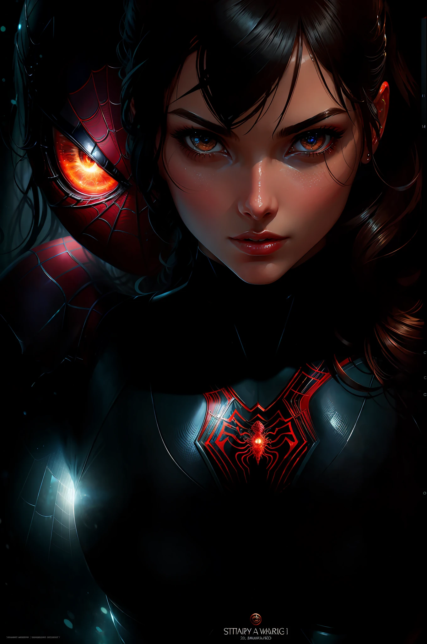 (Award-winning digital art: 1.3) from (Sketch: 1.3),(Energetic:1.3) Spiderwoman, EmmaRob,CGSociety,ArtStation,(Saturated:1.3),(near portrait:1.3),(Female:1.4),(gorgeous: 1.4),(eye-catching:1.3),beautiful,calendar stance,perfectly detailed eyes,studio lighting,themed background