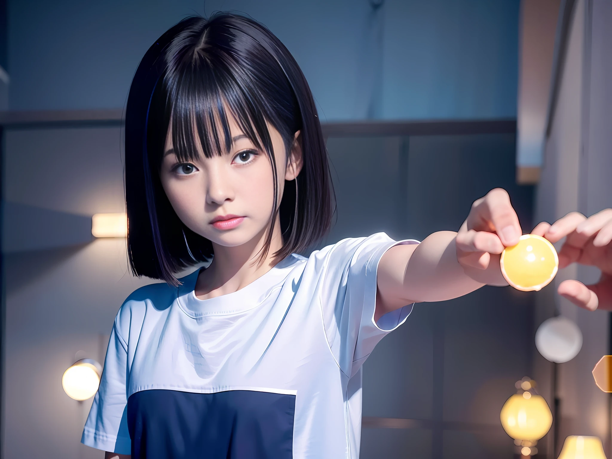 8K, Best Quality, 1girl, Masterpiece,8K, (Darkness:1.4), (Night, Upper Body:1.5),Withdrawn Camera POV,Japan Beauty,18 years old,Beautiful Woman,Expressionless,Look Forward,(Bangs:1.5),White Blouse, (Shorts:1.4), (Bobcut Hair:1.2) , (Closed Mouth:1.2, Blue Eyes, High Nose, Beautiful Sharp Face) ,(Wonderfully Beautiful Eyes:1.4) , No makeup, Perspective, Depth of field, Ultra realistic, High resolution, Photography, Sharp focus, HDR, Face light, Dynamic lighting, Maximum Detail, Extreme Detail, Ultra Detail, Detail, Real skin, Delicate facial features
