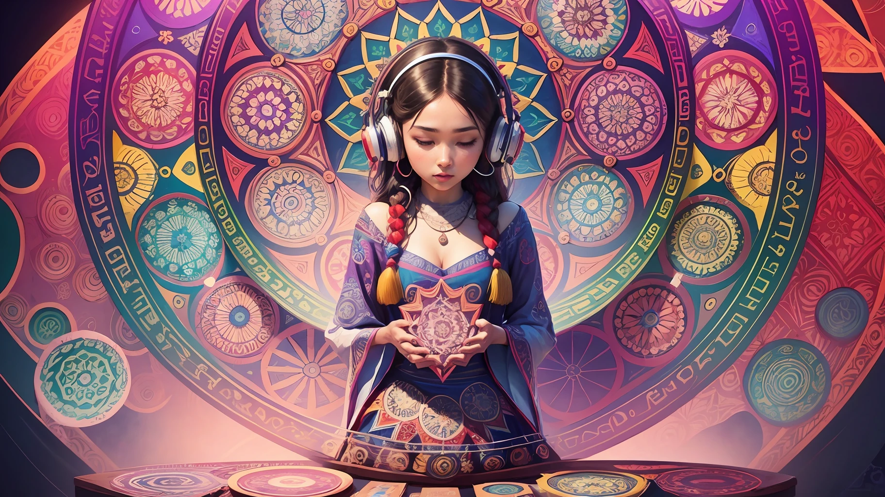 - Create a colorful mandala with intricate lines and patterns, with a diameter of 2560 pixels and a height of 1440 pixels.
- Add a headset that is "listening" to the mandala, as if the music is emanating from it. Make sure the headset is clearly visible, but doesn't obscure the mandala.
- Choose vibrant, saturated colors for the mandala, highlighting the intricate lines and patterns. Consider using a complementary color palette to create a striking visual effect.
- Add the name of the featured YouTube channel in the middle of the image, with a font that matches the mandala and headset vibe.
- Make sure the image has a strong and appealing visual appeal to YouTube channel viewers. --auto --s2