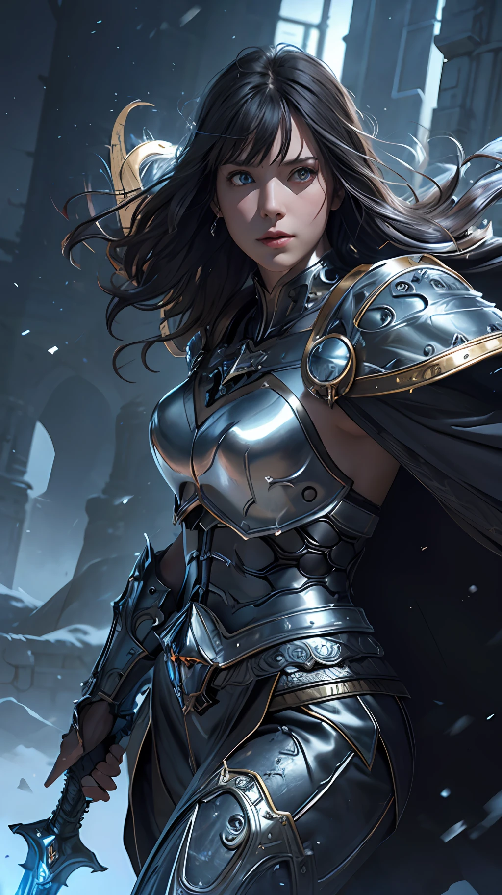 8k,ultra detailed, masterpiece, best quality, (extremely detailed), dynamic angle, Mysterious expression, wind effect, fantasy background, rim lighting, cinematic light, ultra high res, 8k uhd, film grain,best shadow, delicate, RAW, light particles, detailed skin texture, detailed armor texture, detailed face, intricate details, ultra detailed, bright, strong, silver armor, (holding weapon), slashing, slash action, pauldrons, glowing eyes, long cape, fantasy, (realistic), shoulder armor, complex, intricate, perfect lighting, looking at viewer, cinematic lighting, flying in sky,flying, holy light, vivid, bangs, windy, ((2 woman in battle))