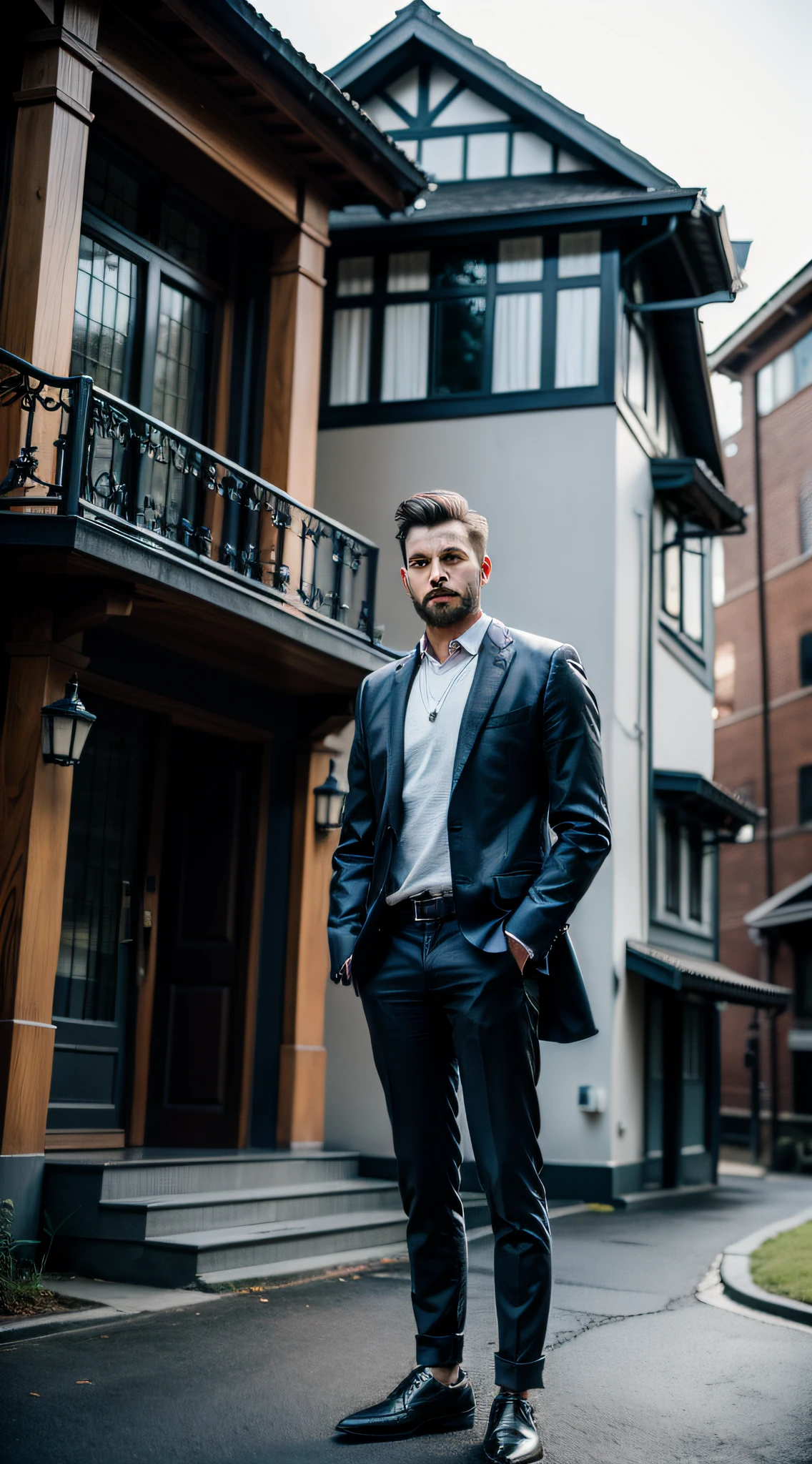 A man stands in front of his house, and behind the man is a big hellhound