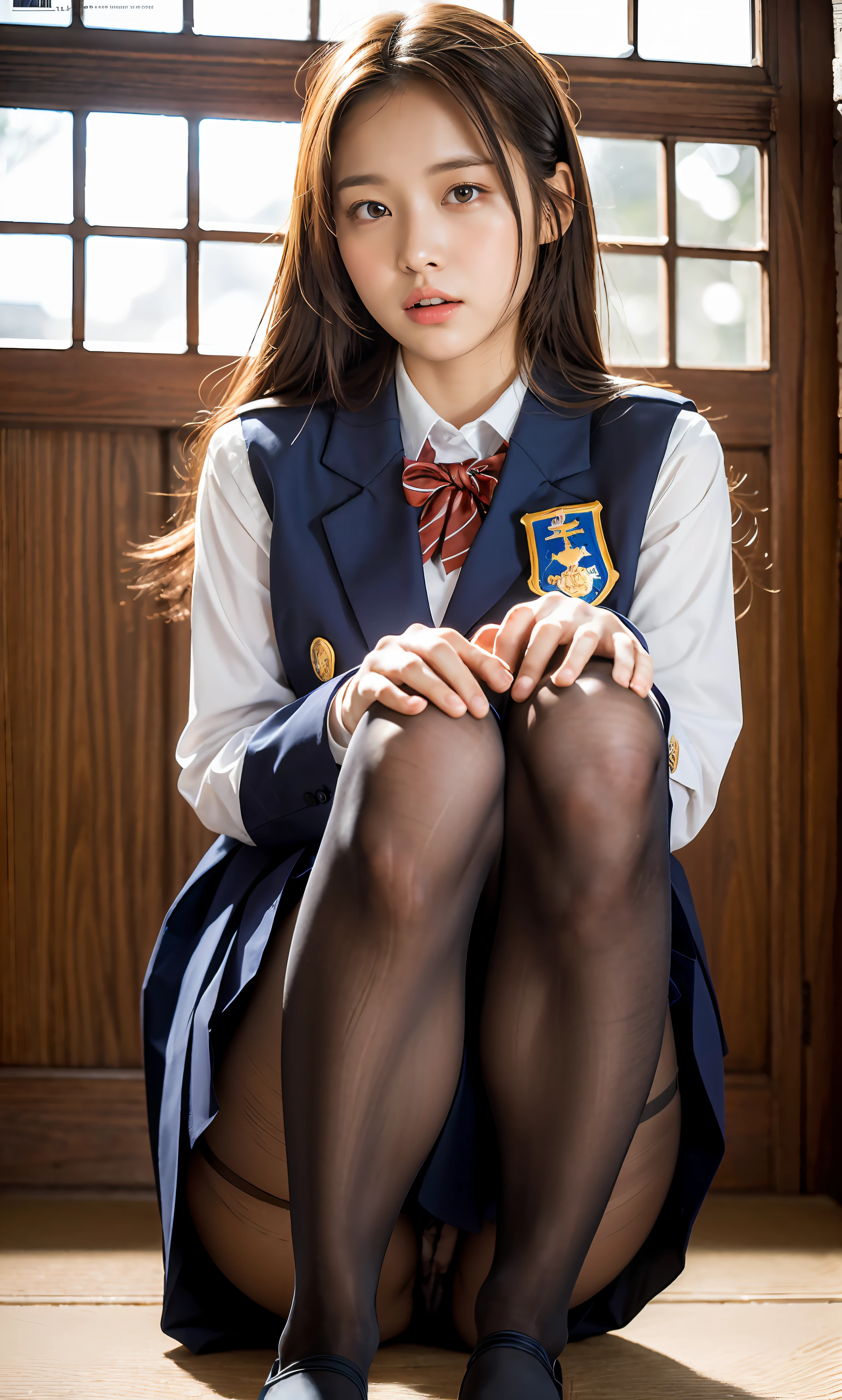 ulzzang-6500-v1.1, (raw photo:1.2), (photorealistic:1.4), beautiful detailed girl, very detailed eyes and face, beautiful detailed eyes, ridiculous, incredibly ridiculous, huge file size, super detailed, high resolution, very detailed, best quality, masterpiece, kemomimi, ((Japanese girls' high school uniform)), illustration, very detailed, CG, unified, 8k wallpaper, amazing, Fine details, masterpiece, best quality, very detailed CG uniform 8k wallpaper, light on face, cinematic lighting, 1girl, , ((no panties)), ((dynamic pose))), (camel toe), (half), (pantyhose), (knee-bending leg sitting))