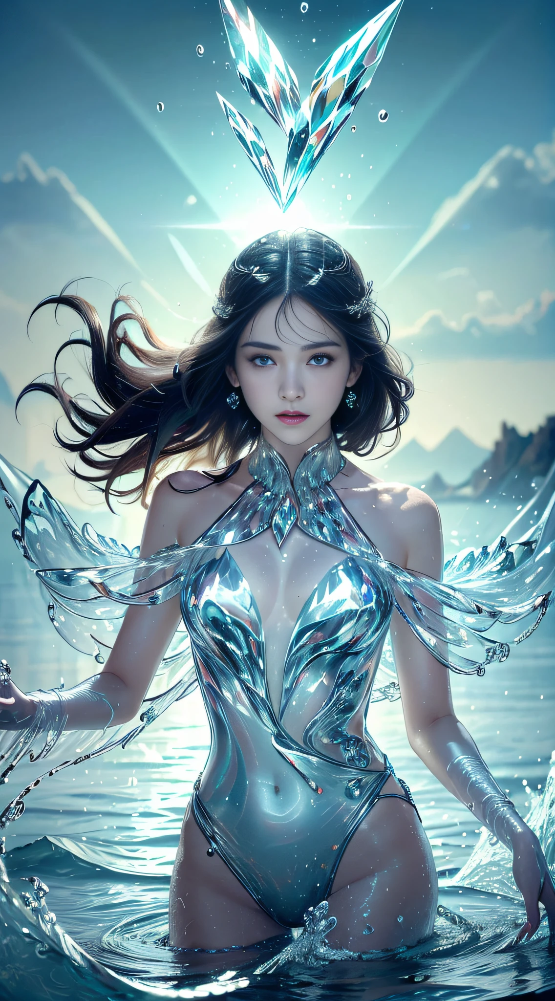 (Masterpiece, Top Quality, Best, Official Art, Beautiful and Aesthetic, Long Exposure: 1.2), Smooth Movement, Fascinating Patterns, 1 Girl, Adult Russian Woman, Freckles, Jade Eyes, Black Lob Hair, Portrait, Solo , upper body, gaze at observer, detailed background, detailed face, (crystallineAI, crystalline theme:1.1), elemental water sprite, spinning water, controlling water, fantasy magician clothes, dynamic pose, floating particles, ethereal dynamics, water , steam, ocean in the background, blue tones, coast, ethereal atmosphere,
