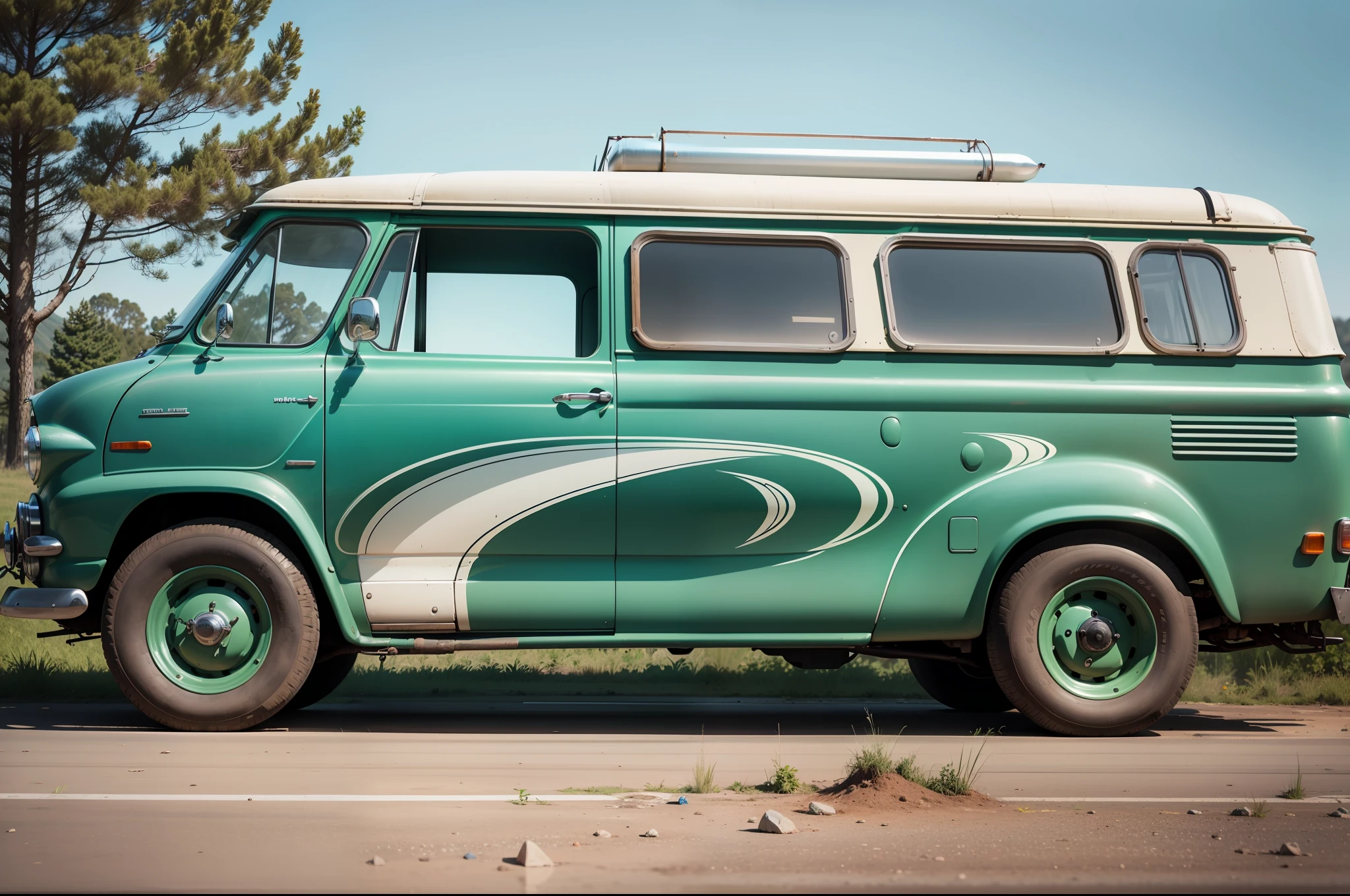 Camping Modified Car Green Bus with White Roof, Camping, Vintage Elements, Roof Rack, Ladder with Roof, Front Bumper, Full View of Car, Top Down Drawing, Car Sketch, Full View of Car, Draw and Draw, Top-Down Drawing, Inspired by Robert Bechtel, Inspired by Harry Heinison, 2D Drawing, Kristen Dalsgard, Vehicle Photography --auto --s2