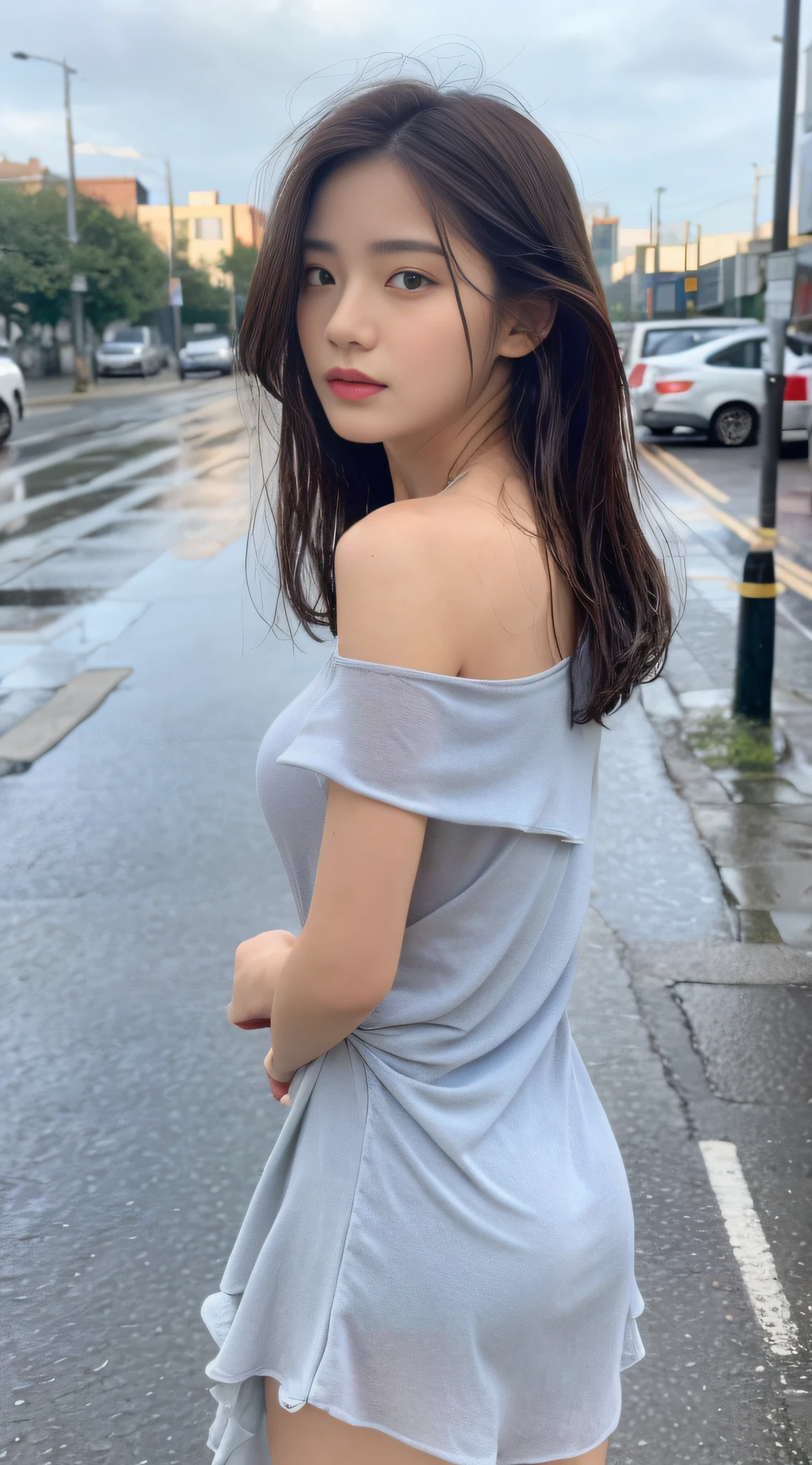 ((Best Quality, 8K, Masterpiece:1.3)), Focus: 1.2, Perfect Body Beauty: 1.4, ????????: 1.2, ((Layered Haircut, ???????: 1.2)), (Wet Clothes: 1.1) , (Rain, Street:1.3), Bandeau Dress: 1.1, Highly Detailed Face and Skin Texture, Delicate Eyes, Double Eyelids, Whitened Skin, Long Hair