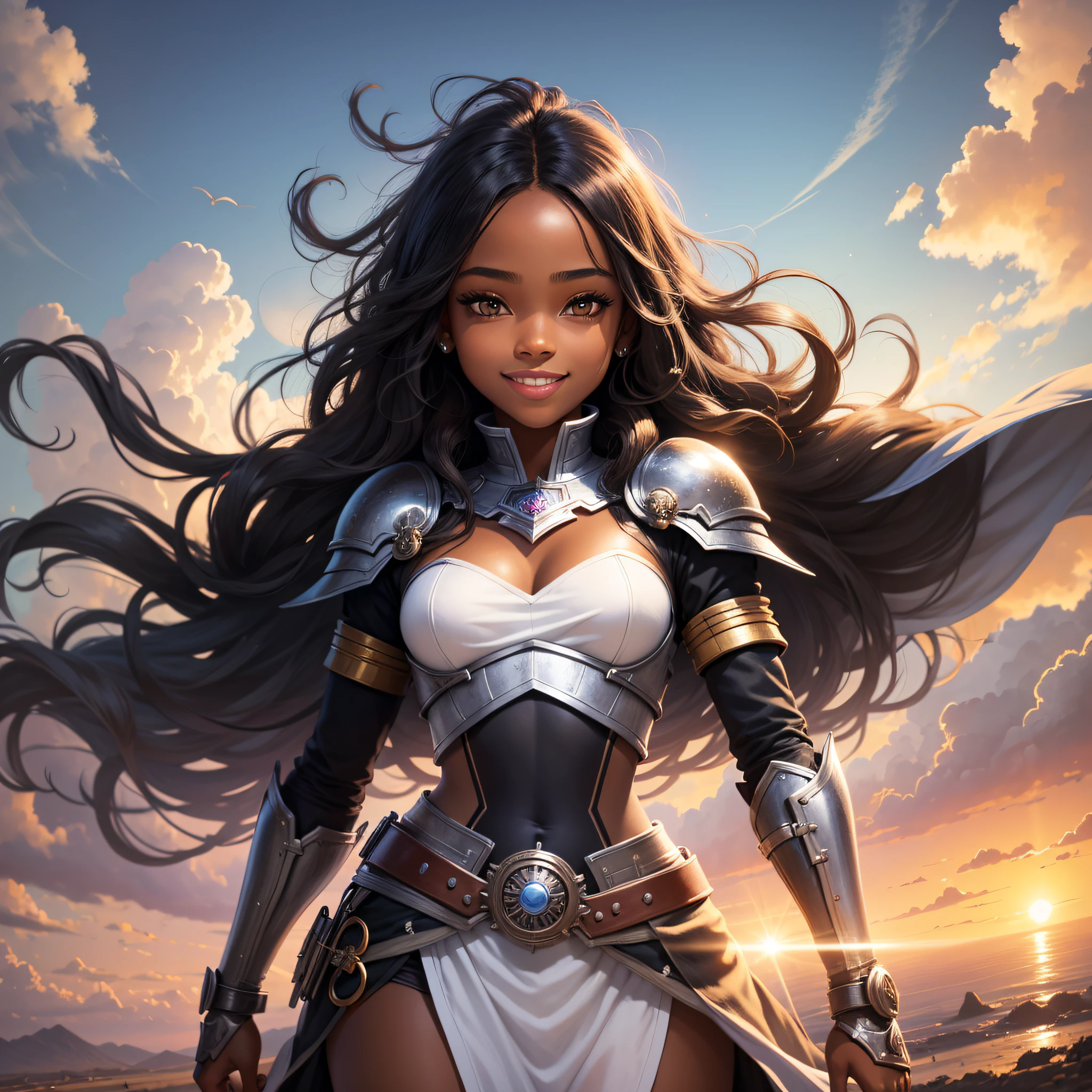 illustration of a black princess, teenager, heroine, warrior, with a light and confident smile, background with sky and clouds and sun setting --auto --s2