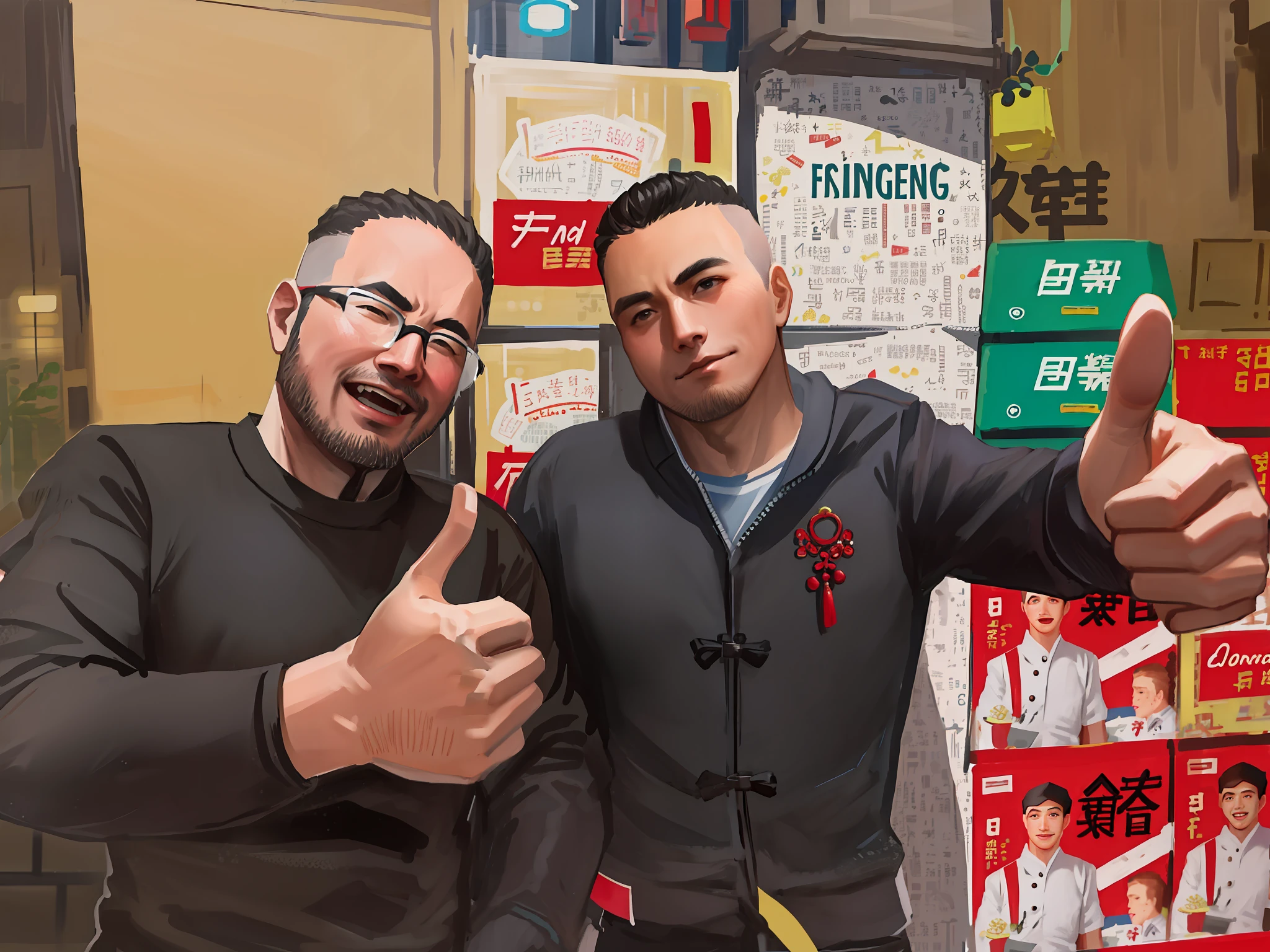 they are two men giving thumbs up in front of a store, yiqiang and shurakrgt, lee griggs and jason chan, ruan jia and fenghua zhong, ruxing gao, zeng fanzh, from china, special, jinyiwei, qiangshu, inspired by Zhang Zongcang, by Kanbun Master