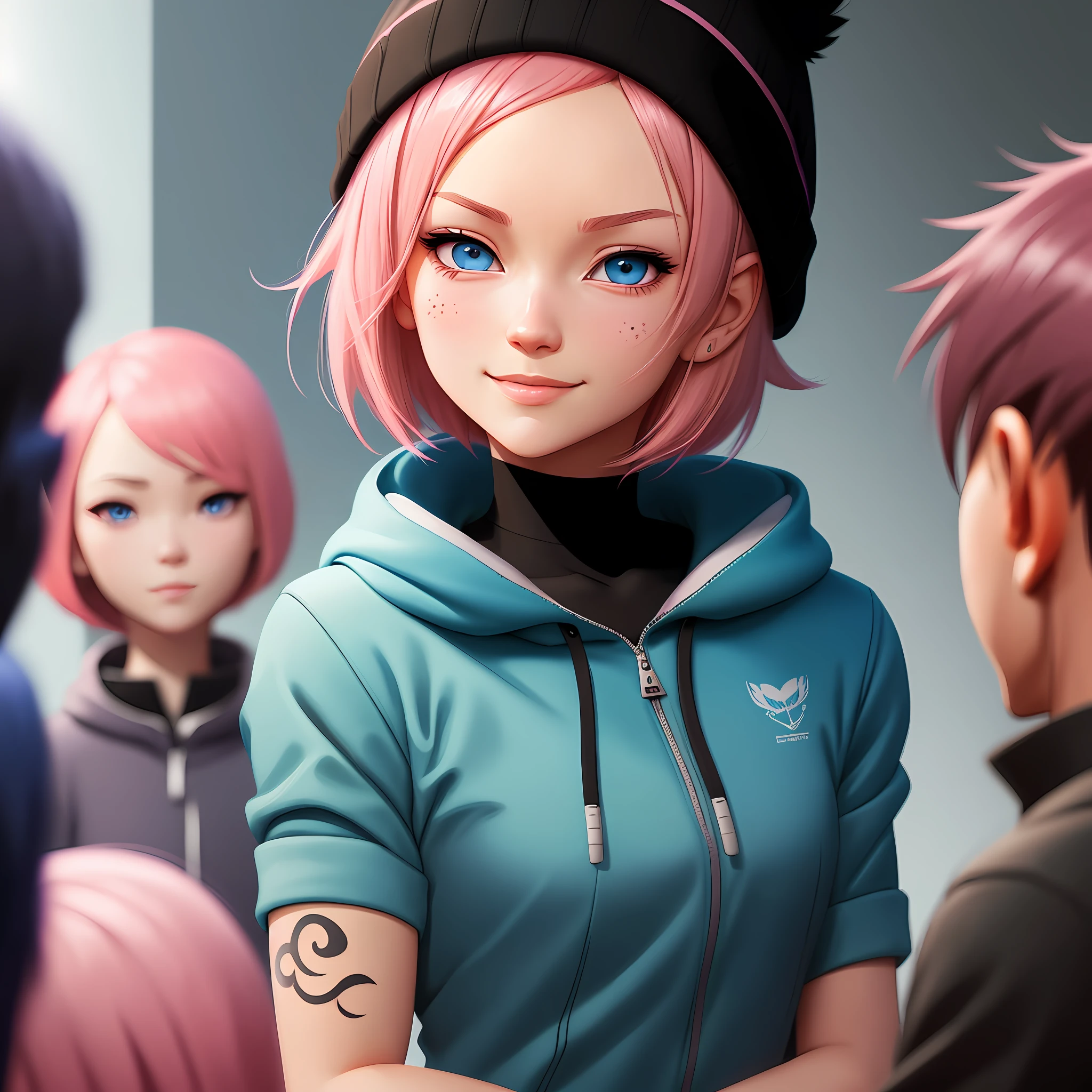 a detailed portrait of a beautiful pink haired (anime) girl, short hair, close up, wearing a blue beanie, wearing a blue jacket, black shirt collar, blue eyes, smirk smile, seductive gaze, ( neck tatoos:1.1), masterpiece, high quality, art by artgerm, sakimichan, Taejune Kim, pixiv, krenz cushart, ilya kuvshinov, Goro Fujita, Cyril Rolando, (black background), saturated colors, (sharp edges) (masterpiece, top quality, best quality)