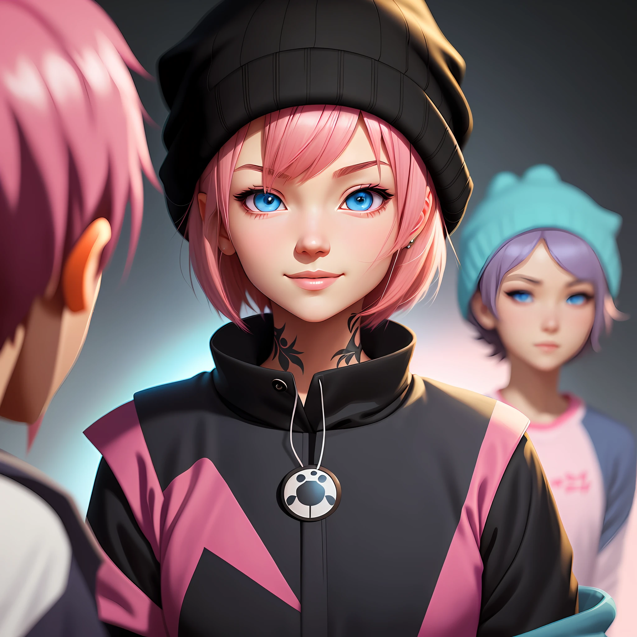 a detailed portrait of a beautiful pink haired (anime) girl, short hair, close up, wearing a blue beanie, wearing a blue jacket, black shirt collar, blue eyes, smirk smile, seductive gaze, ( neck tatoos:1.1), masterpiece, high quality, art by artgerm, sakimichan, Taejune Kim, pixiv, krenz cushart, ilya kuvshinov, Goro Fujita, Cyril Rolando, (black background), saturated colors, (sharp edges) (masterpiece, top quality, best quality)