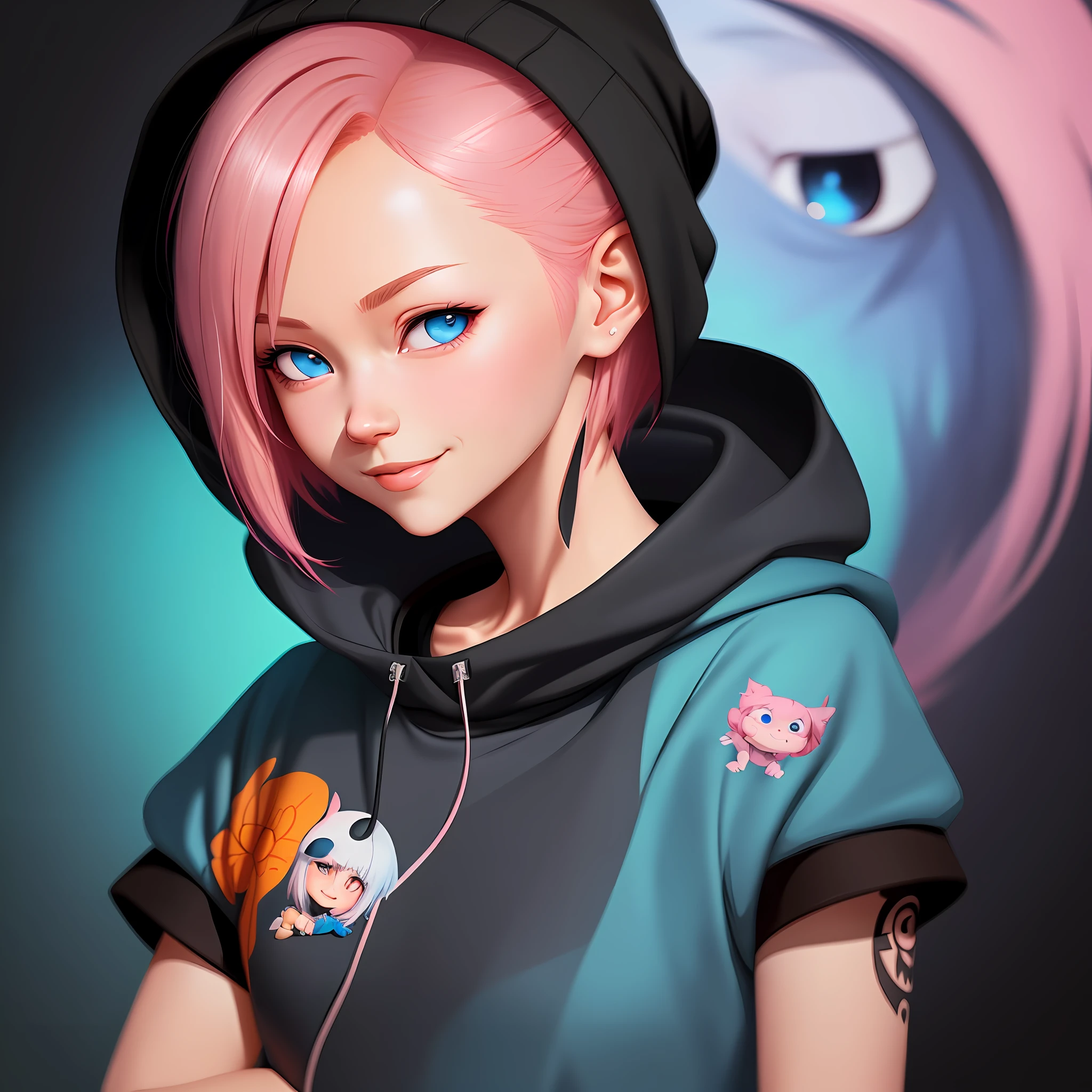 a detailed portrait of a beautiful pink haired (anime) girl, short hair, close up, wearing a blue beanie, wearing a blue jacket, black shirt collar, blue eyes, smirk smile, seductive gaze, ( neck tatoos:1.1), masterpiece, high quality, art by artgerm, sakimichan, Taejune Kim, pixiv, krenz cushart, ilya kuvshinov, Goro Fujita, Cyril Rolando, (black background), saturated colors, (sharp edges) (masterpiece, top quality, best quality)