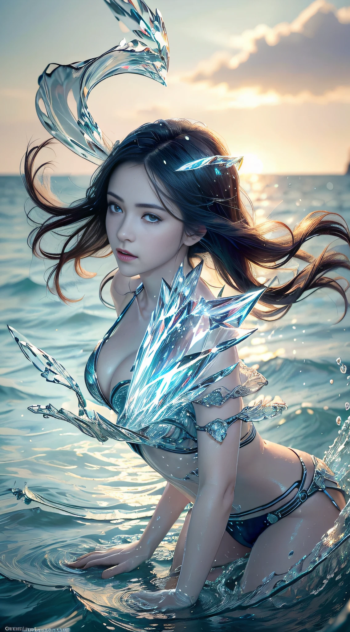 (Masterpiece, Top Quality, Best, Official Art, Beautiful and Aesthetic, Long Exposure: 1.2), Smooth Movement, Fascinating Patterns, 1 Girl, Adult Russian Woman, Freckles, Jade Eyes, Black Lob Hair, Portrait, Solo , upper body, gaze at observer, detailed background, detailed face, (crystallineAI, crystalline theme:1.1), elemental water sprite, spinning water, controlling water, fantasy magician clothes, dynamic pose, floating particles, ethereal dynamics, water , steam, ocean in the background, blue tones, coast, ethereal atmosphere,