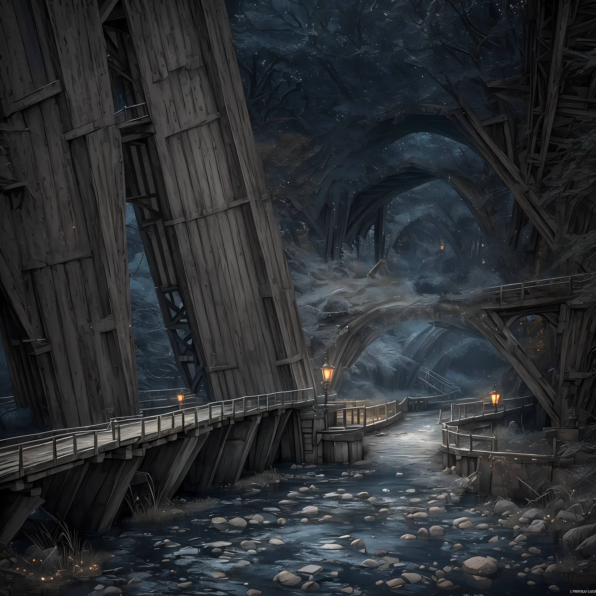 Computer, Extensive ultrasound photography (general view, bridge 1: 5, Scale, realistic fantasy, ultra-detailed, volumetric, detailed clarity, general view, detailed gloomy landscape under the bridge, computer accuracy, 1: 2, 8kk. In the foreground is a large stone bridge, gray, marsh colors (ultradetailed), under the bridge the shore, steps, cobwebs under the pavement, a large wooden barrel (1: 2), made of wood (ultradetail), stones, river, dark, gloomy colors, horrors, Magic(Best Quality), 4K, Ultra Detailed, (Dynamic Composition: 1.4), High Detailed, Colorful Details, (Gloomy Colors: 1.2), (Luminous Lighting, Atmospheric Lighting), Cool, Gloomy, Magical --auto --s2