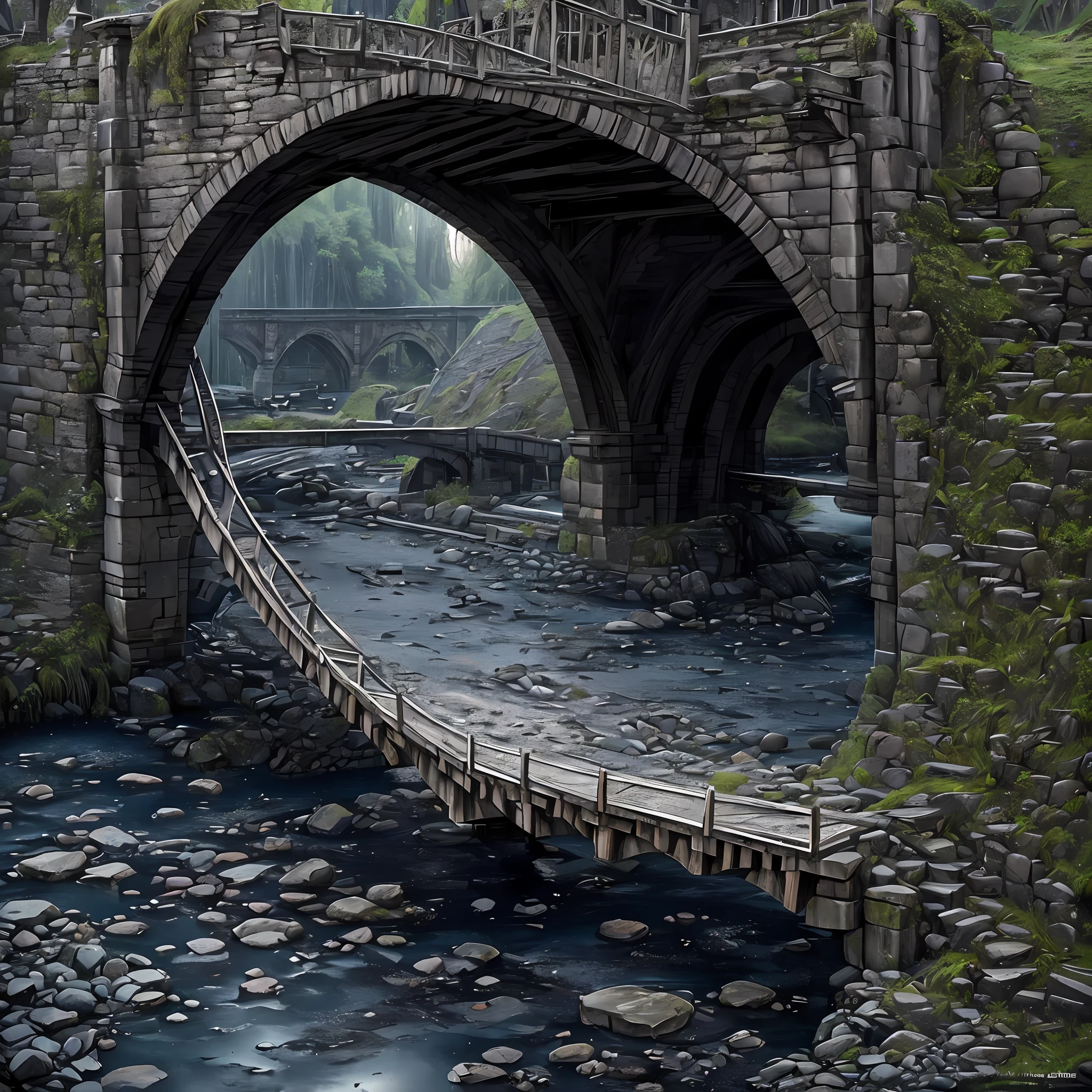 Computer, Extensive ultrasound photography (general view, bridge 1: 5, Scale, realistic fantasy, ultra-detailed, volumetric, detailed clarity, general view, detailed gloomy landscape under the bridge, computer accuracy, 1: 2, 8kk. In the foreground is a large stone bridge, gray, marsh colors (ultradetailed), under the bridge the shore, steps, cobwebs under the pavement, a large wooden barrel (1: 2), made of wood (ultradetail), stones, river, dark, gloomy colors, horrors, Magic(Best Quality), 4K, Ultra Detailed, (Dynamic Composition: 1.4), High Detailed, Colorful Details, (Gloomy Colors: 1.2), (Luminous Lighting, Atmospheric Lighting), Cool, Gloomy, Magical --auto --s2