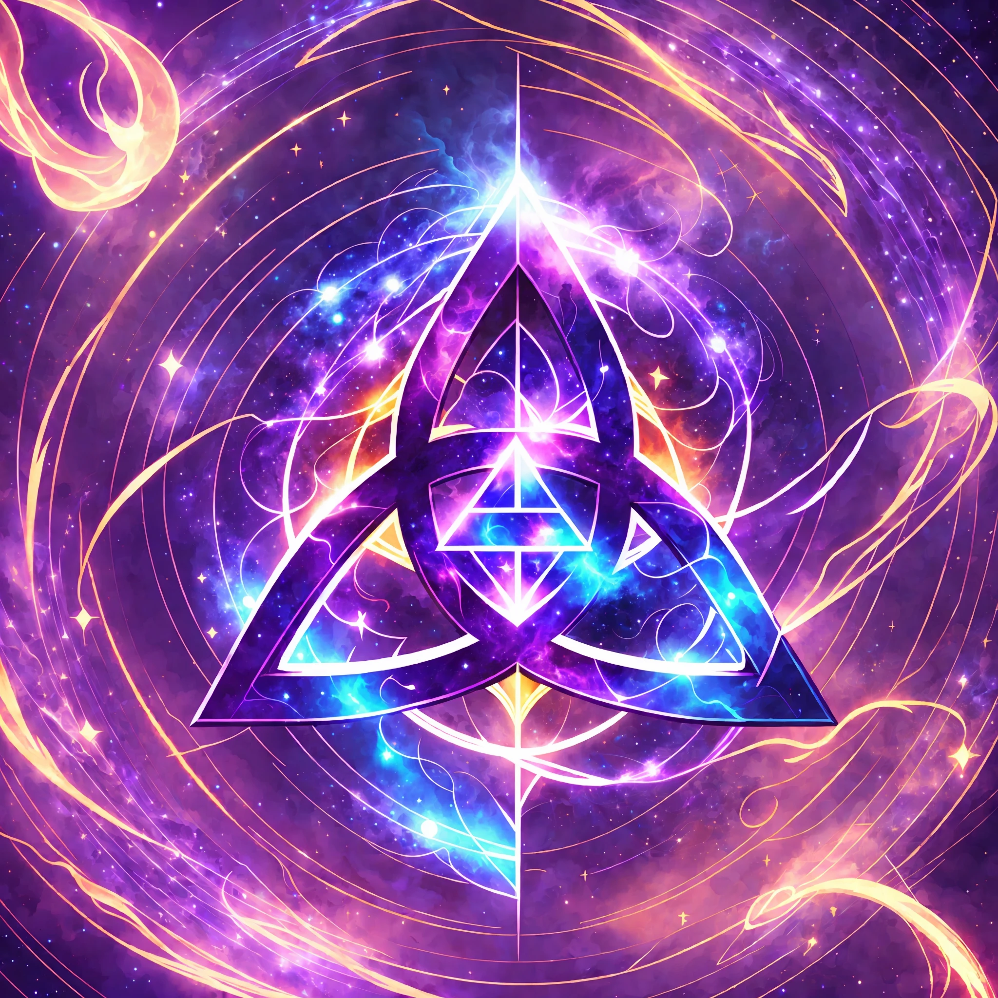 a arcane mana voltage energy smokes trinity symbol on a red, purple and blue galaxy background, trinity, logo without text,  trinity symbol --auto --s2