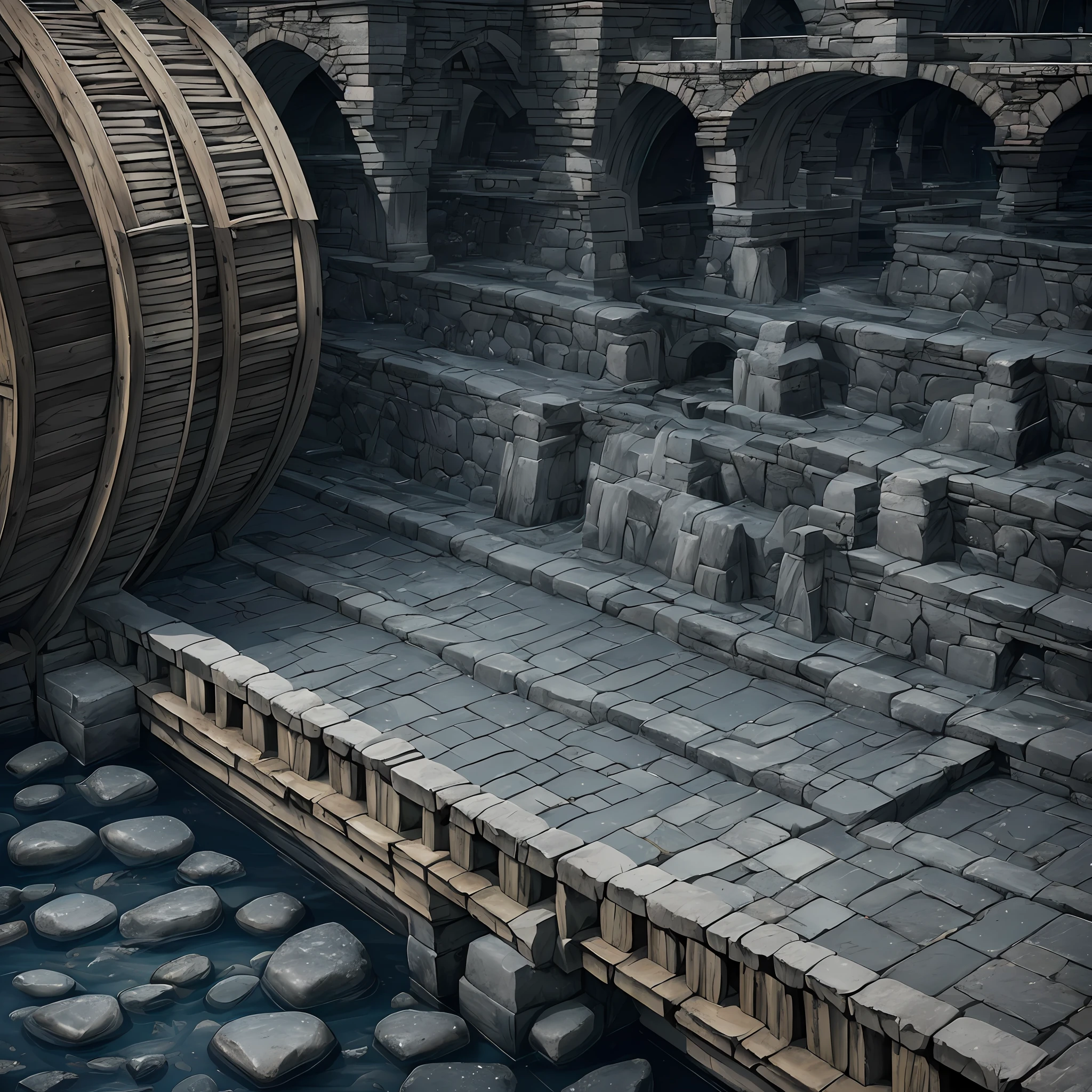 Computer, Extensive ultrasound photography (general view, bridge 1: 5, Scale, realistic fantasy, ultra-detailed, volumetric, detailed clarity, general view, detailed gloomy landscape under the bridge, computer accuracy, 1: 2, 8kk. In the foreground is a large stone bridge, gray, marsh colors (ultradetailed), under the bridge the shore, steps, cobwebs under the pavement, a large wooden barrel (1: 2), made of wood (ultradetail), stones, river, dark, gloomy colors, horrors,  Magic(Best Quality), 4K, Ultra Detailed, (Dynamic Composition: 1.4), High Detailed, Colorful Details, (Gloomy Colors: 1.2), (Luminous Lighting, Atmospheric Lighting), Cool, Gloomy, Magical --auto --s2