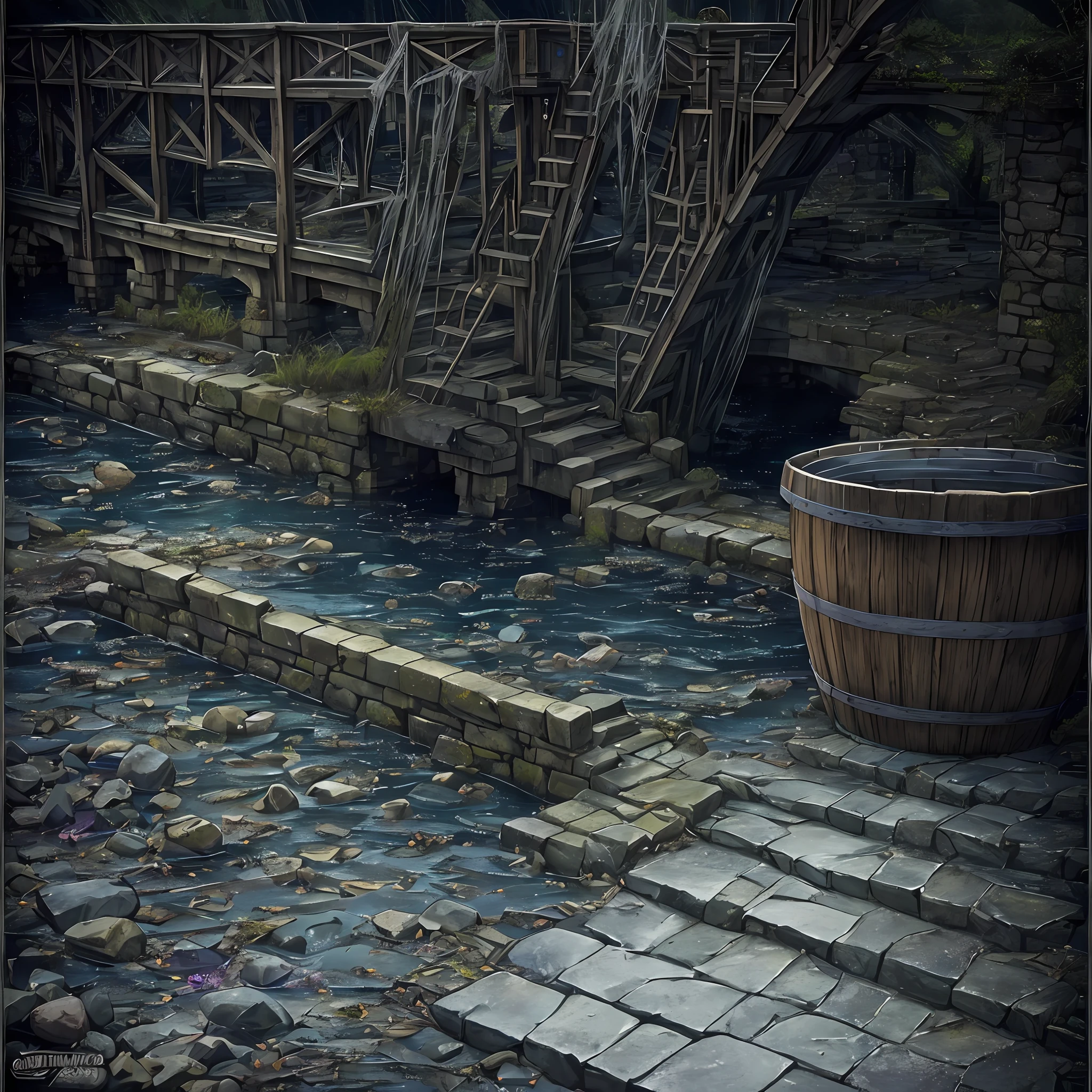 Computer, Extensive ultrasound photography (general view, bridge 1: 5, Scale, realistic fantasy, ultra-detailed, volumetric, detailed clarity, general view, detailed gloomy landscape under the bridge, computer accuracy, 1: 2, 8kk. In the foreground is a large stone bridge, gray, marsh colors (ultradetailed), under the bridge the shore, steps, cobwebs under the pavement, a large wooden barrel (1: 2), made of wood (ultradetail), stones, river, dark, gloomy colors, horrors,  Magic(Best Quality), 4K, Ultra Detailed, (Dynamic Composition: 1.4), High Detailed, Colorful Details, (Gloomy Colors: 1.2), (Luminous Lighting, Atmospheric Lighting), Cool, Gloomy, Magical --auto --s2
