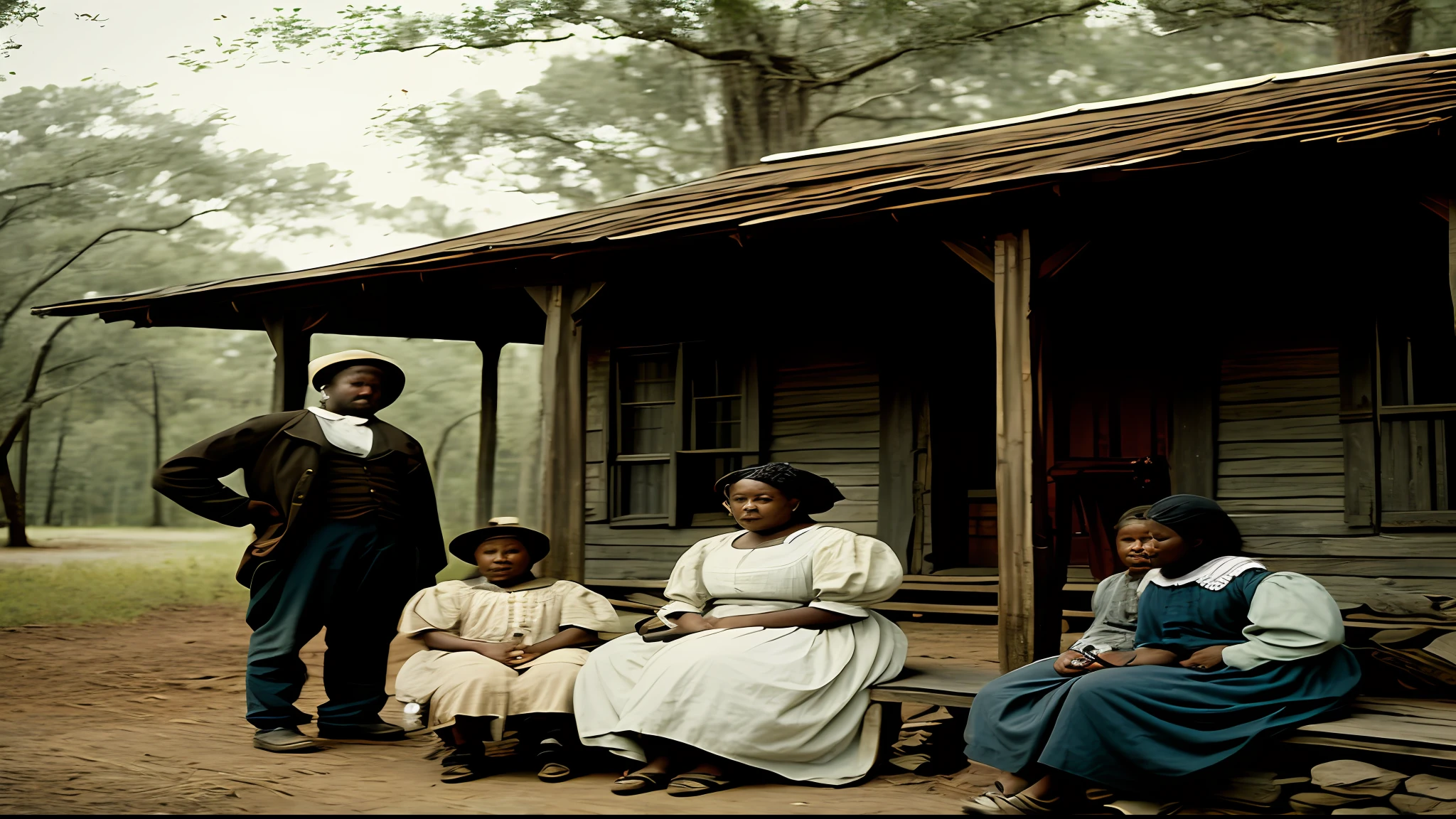 poor escaped slave family sitting on a porch in the great dismal swamp, swamp, documentary film quality, slight motion blur, film still, 19th century