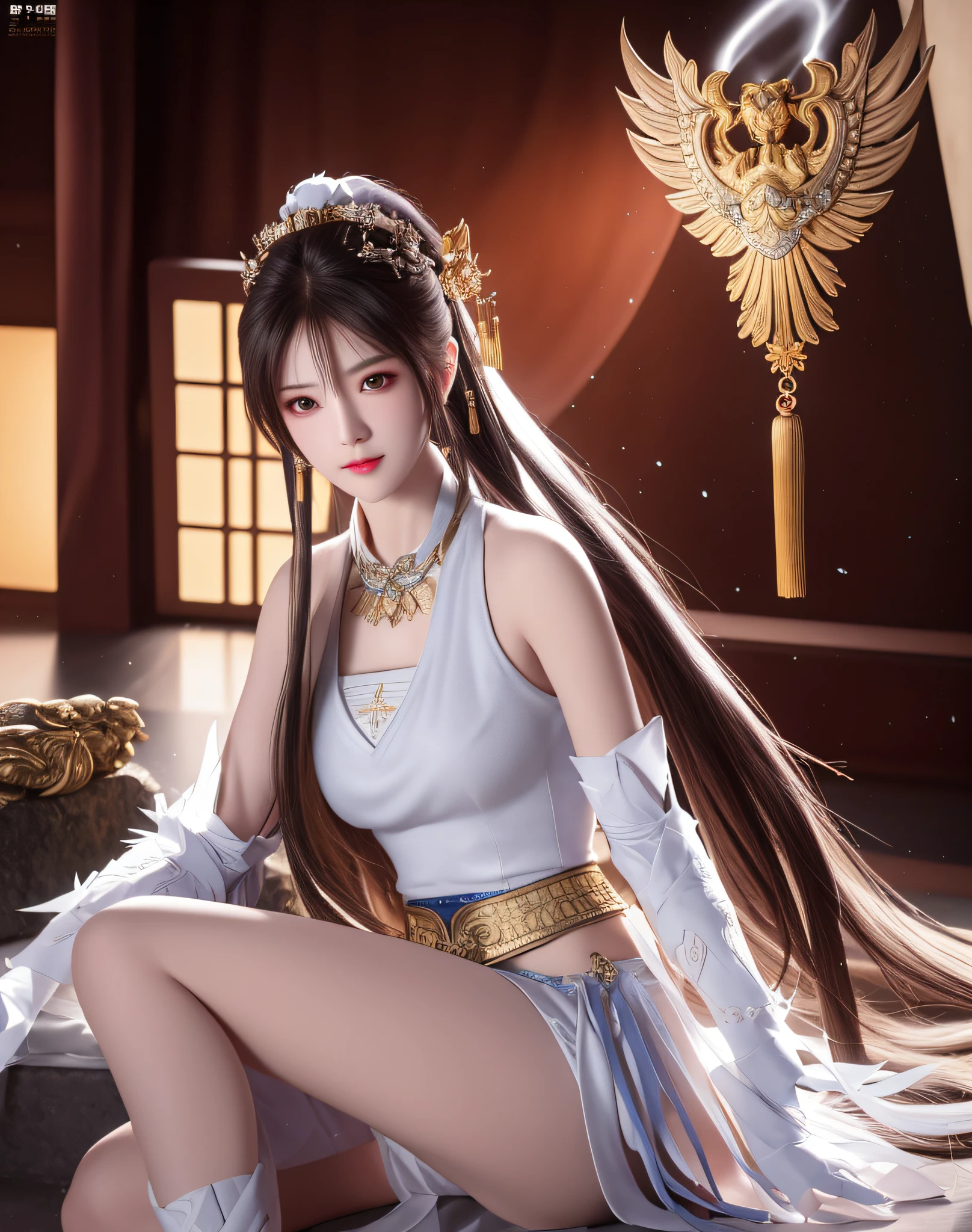 best quality, masterpiece, high resolution, 1girl, ancient chinese battlefield background, metal armor, metal collar, hair accessory, necklace, jewelry, beautiful face, upon_body, tyndall effect, realistic, dark studio, edge lighting, duotone lighting, (high detail skin:1.2), 8k ultra hd, dslr camera, soft lighting, high quality, volumetric lighting, frank, photos, high resolution, 4k, 8k, bokeh, silver white bikini armor, chest embroidered phoenix, Metal cuirass, tight fit, ponytail, bare arms, exposed abdomen, weapons, short bracers, stockings