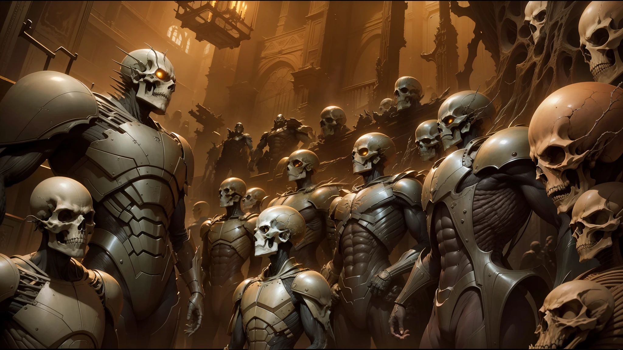 there are many people standing in a room with a lot of skulls, peter gric and dan mumford, hyperdetailed | donato giancola, craig mullins nekro, murata yasushi nirasawa style, scene from prometheus movie, metal hurlant, frame from prometheus movie, greg rutkowski and wayne barlowe, undead soldiers in background --auto --s2