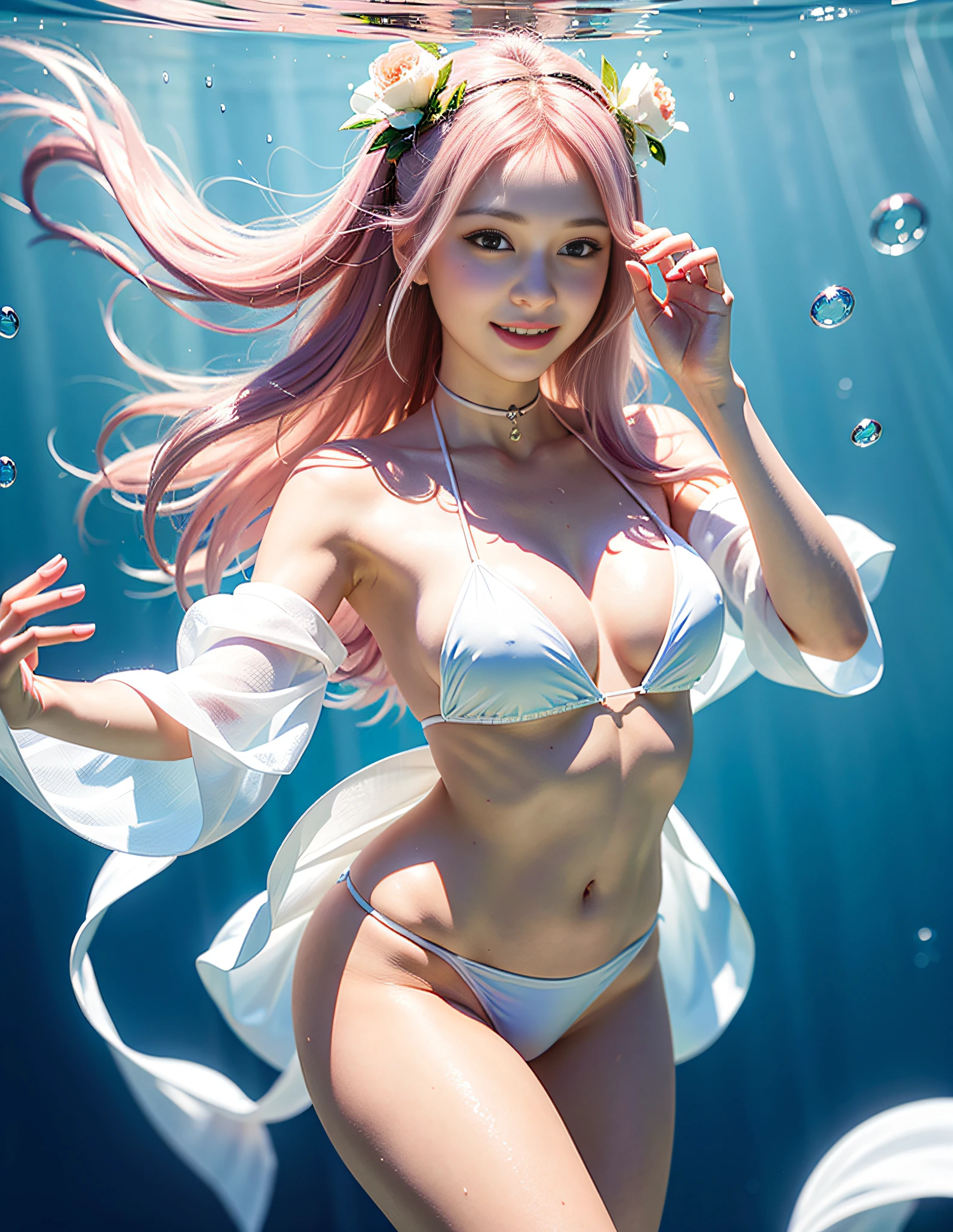 A girl, sea, underwater, underwater, under water, bubbles, wet clothes, wet body, low angle, hair ornaments, translucent kimono dress, white kimono, white kimono, choker, transparent white bikini: 0.8, transparent skirt: 0.7, natural daylight, best quality, masterpiece, illustration, an extremely delicate and beautiful, extremely detailed wallpaper, CG Unity wallpaper, extremely detailed, CG Unity, unit, 8k, incredible, with fine details, masterpiece, official art of the best quality 8k, CG Unity wallpaper absurd, absurd, incredibly absurd, size of huge, ultra-detailed, high-resolution, extremely detailed file, beautiful detailed girl, extremely detailed eyes and face, beautiful detailed eyes, (RAW photo, best quality), (realistic, photorealistic: 1.3), light on the face, full body, full body photo, ((face in the shape of a triangle)), (whitish pink hair: 1), long hair, (big and perfect eyes), ((puffy eyes)), ((small breasts)), (fantastic breasts)), (fantastic breasts)), (Idol of the Pop), (aegyo sal), bangs, thin, (posing), (smiling), happy, looking at the viewer, from front, small fish, flowers